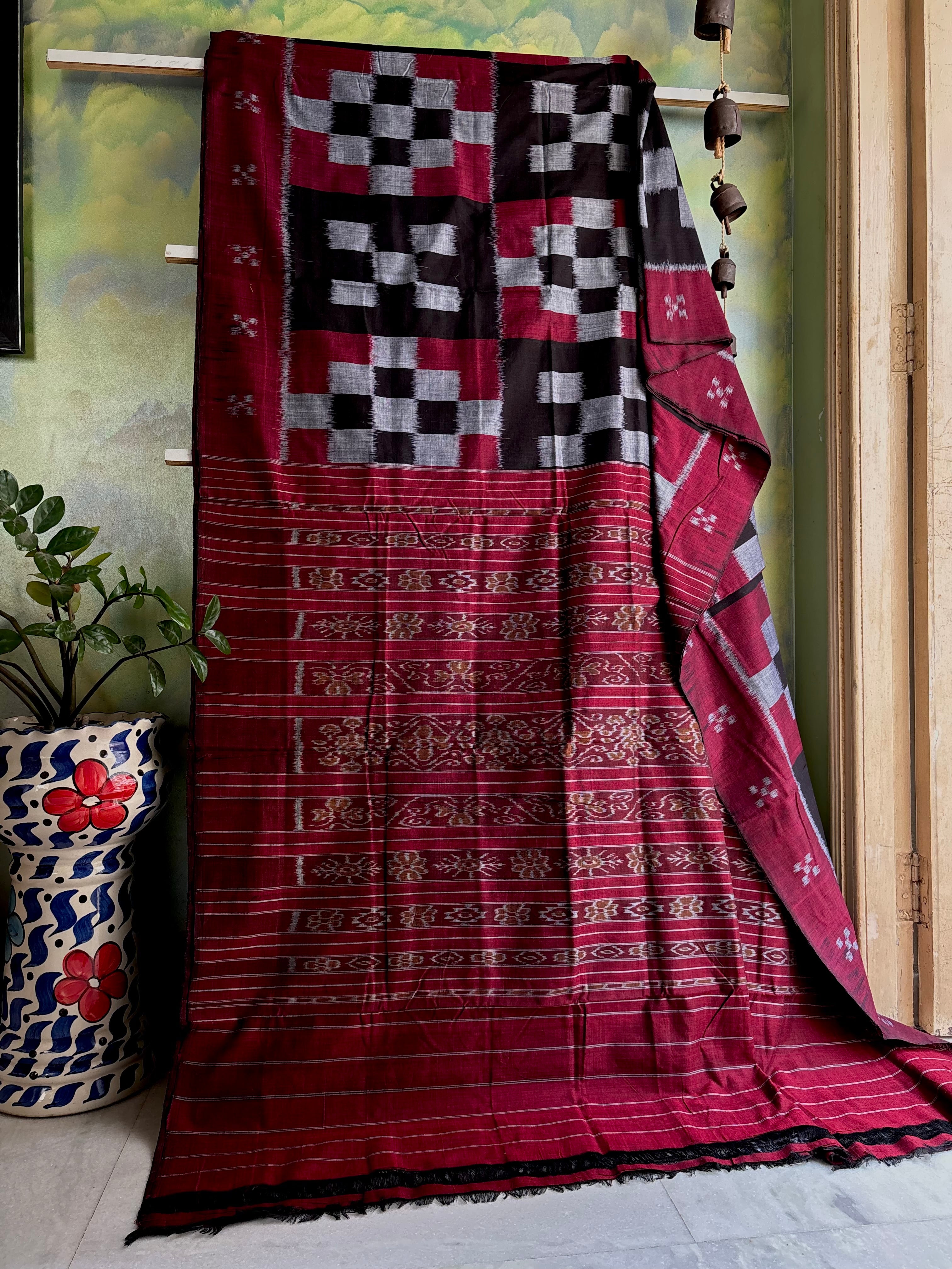 Handwoven Black Maroon Odisha Cotton Ikkat Saree