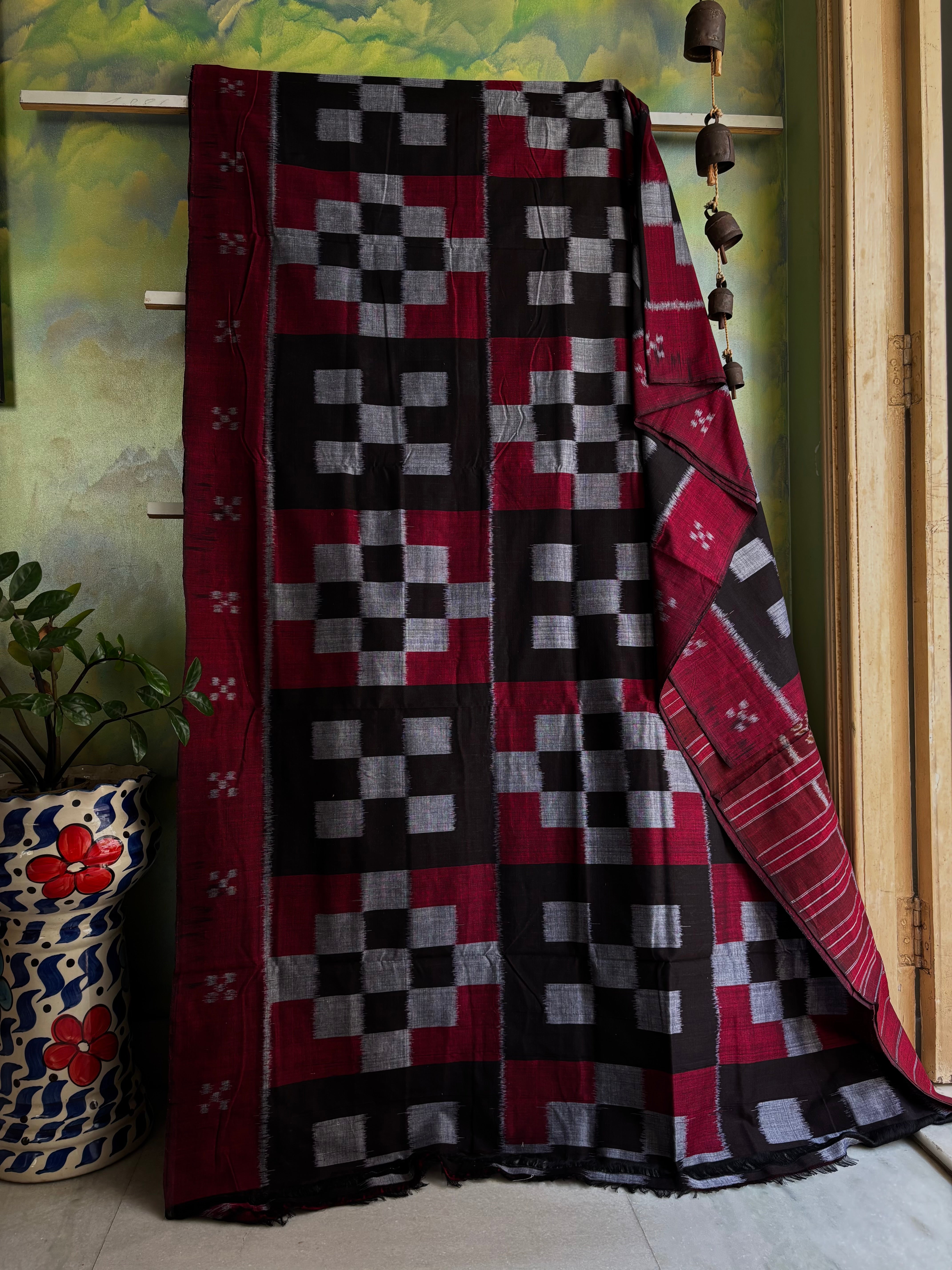 Handwoven Black Maroon Odisha Cotton Ikkat Saree
