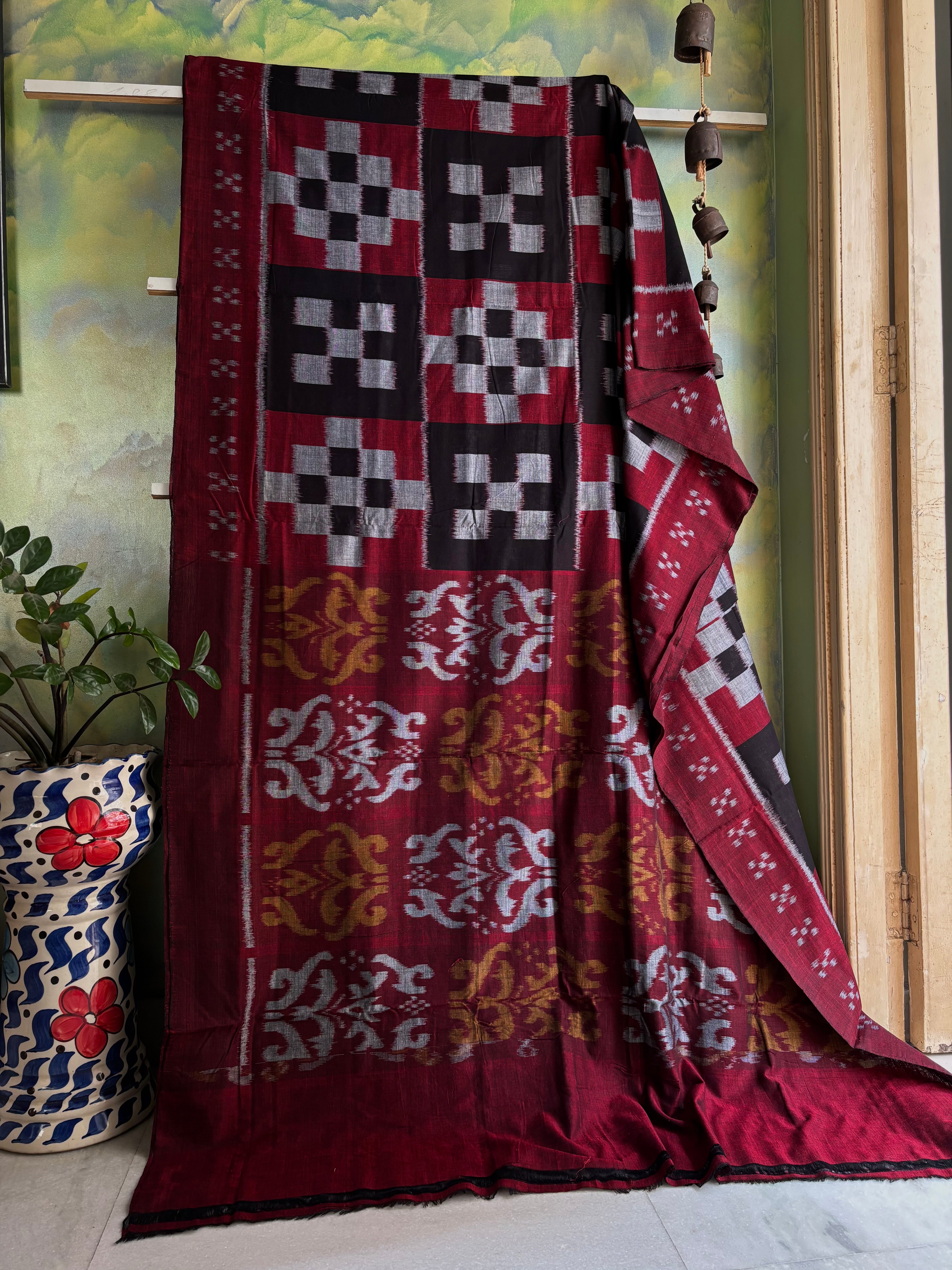 Handwoven Black Maroon Grey Odisha Cotton Ikkat Saree
