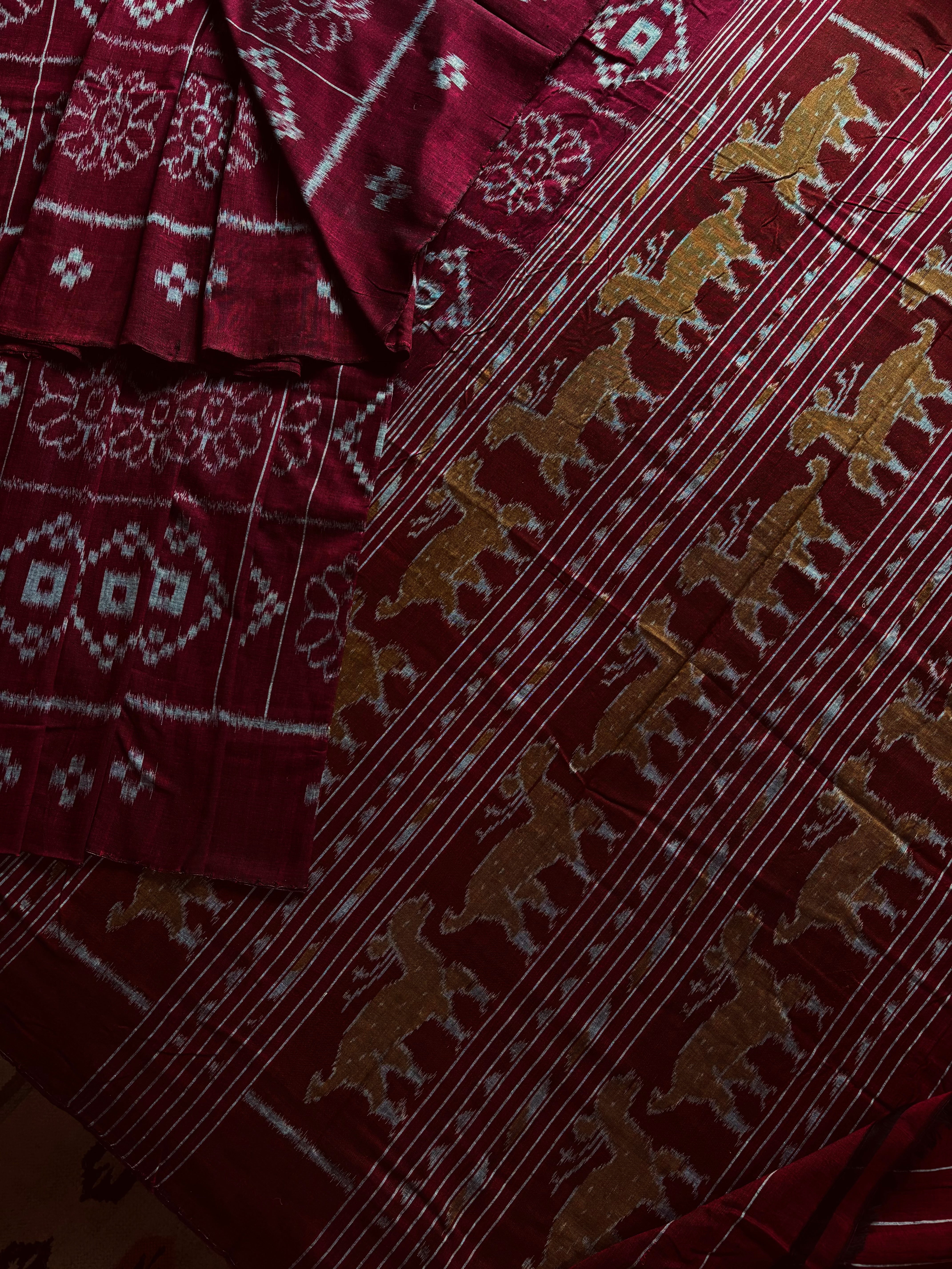 Handwoven Maroon Grey Odisha Cotton Ikkat Saree