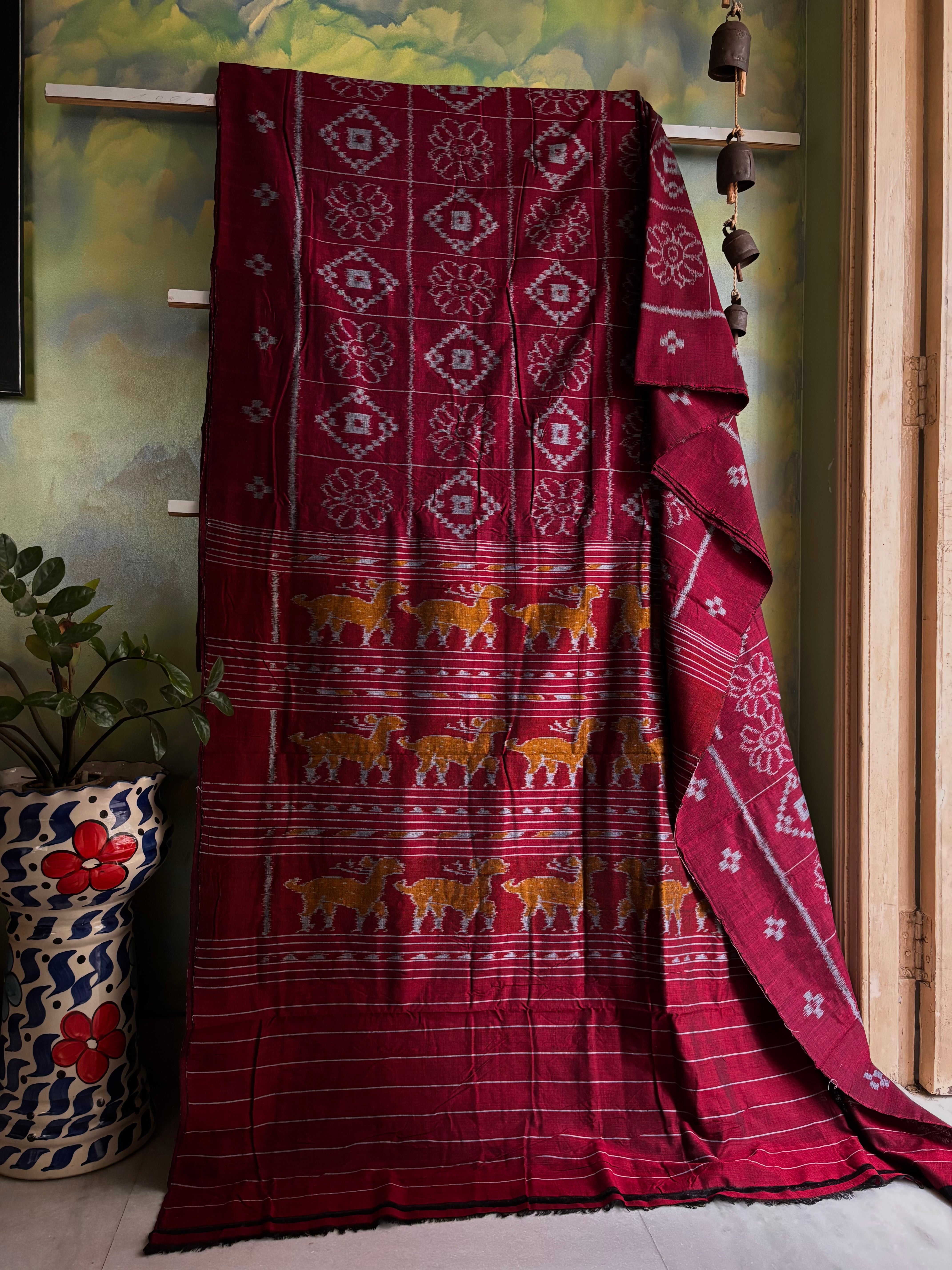 Handwoven Maroon Grey Odisha Cotton Ikkat Saree