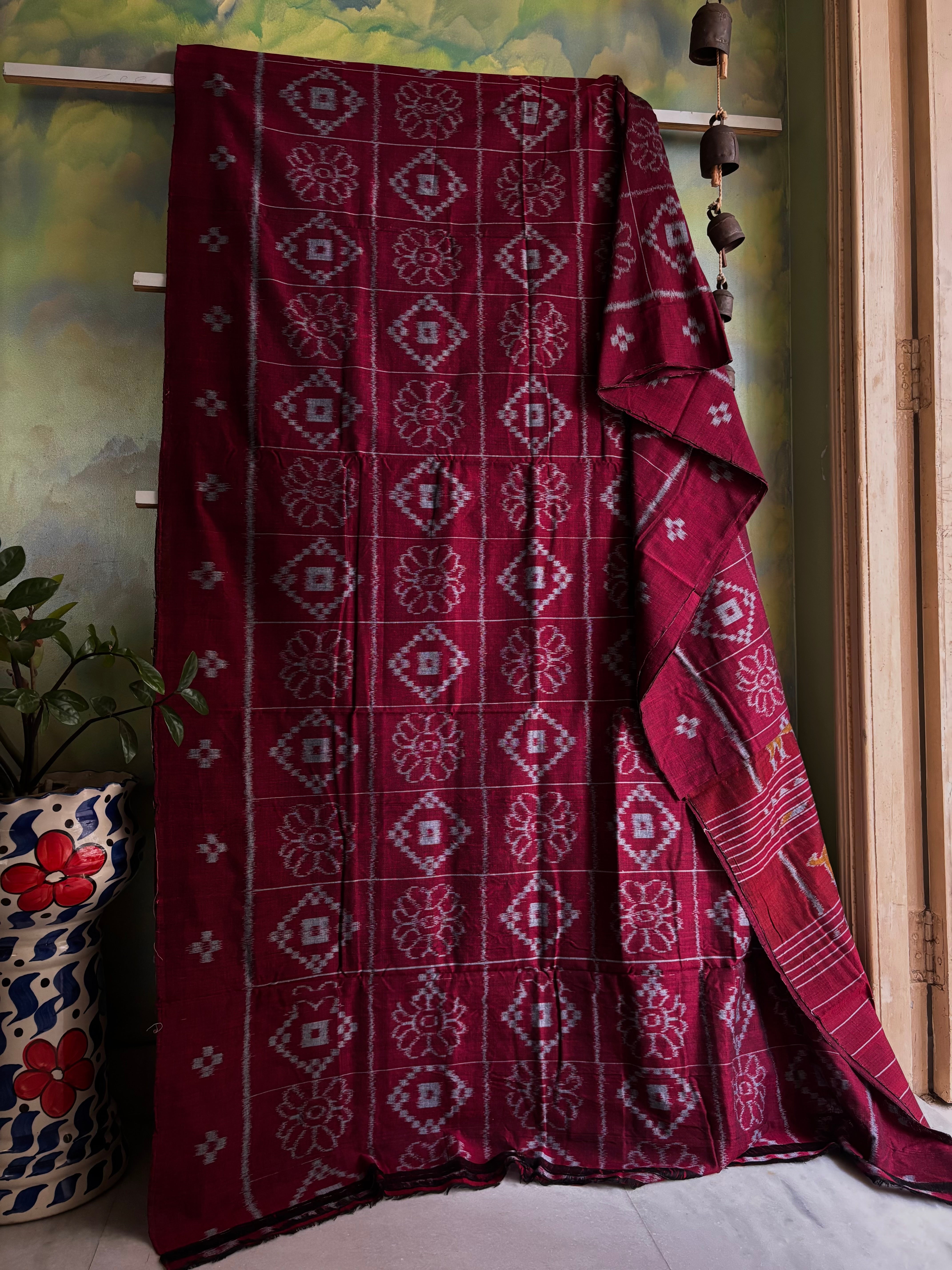 Handwoven Maroon Grey Odisha Cotton Ikkat Saree