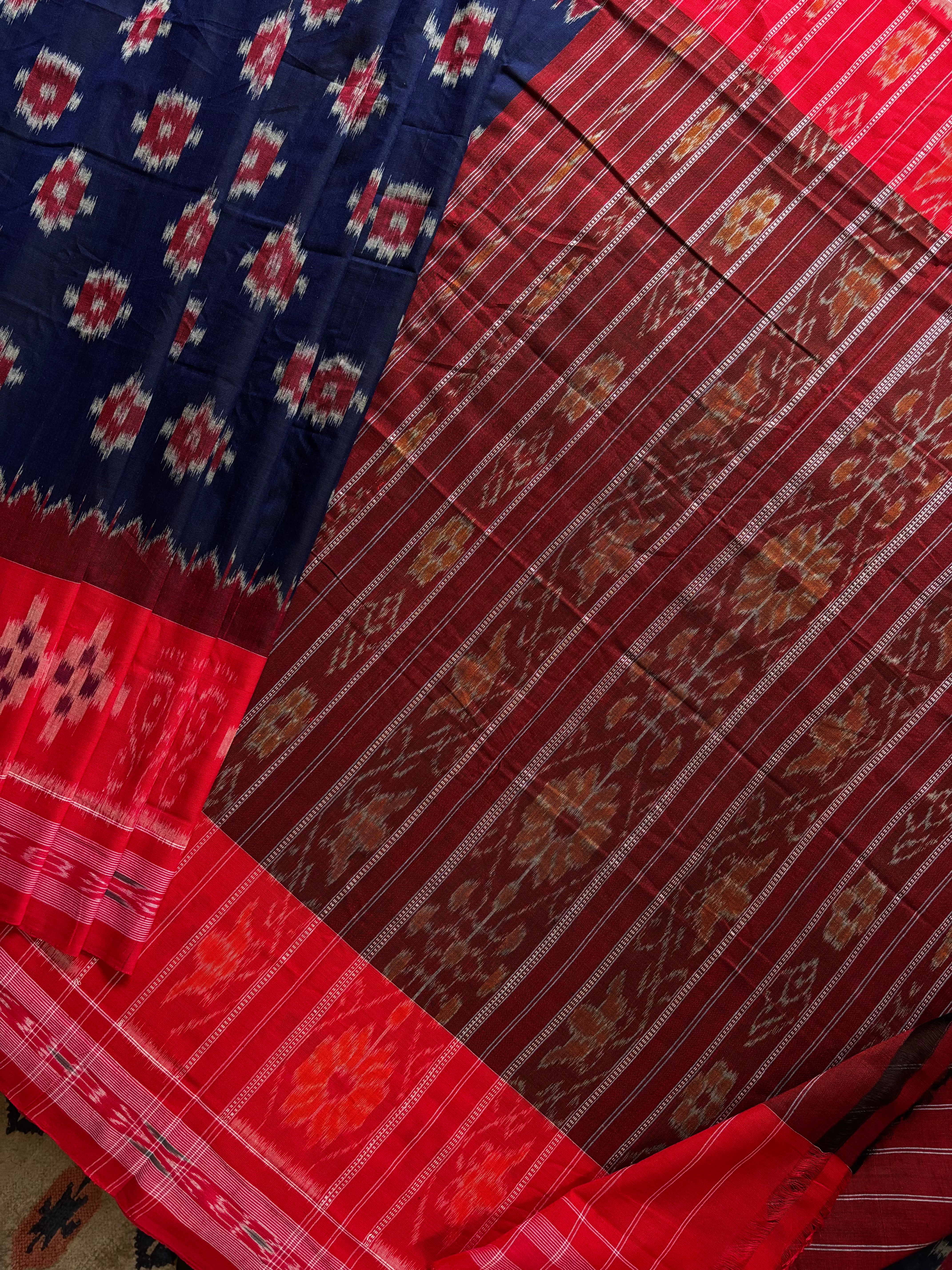 Handwoven Navy Red Odisha Cotton Ikkat Saree