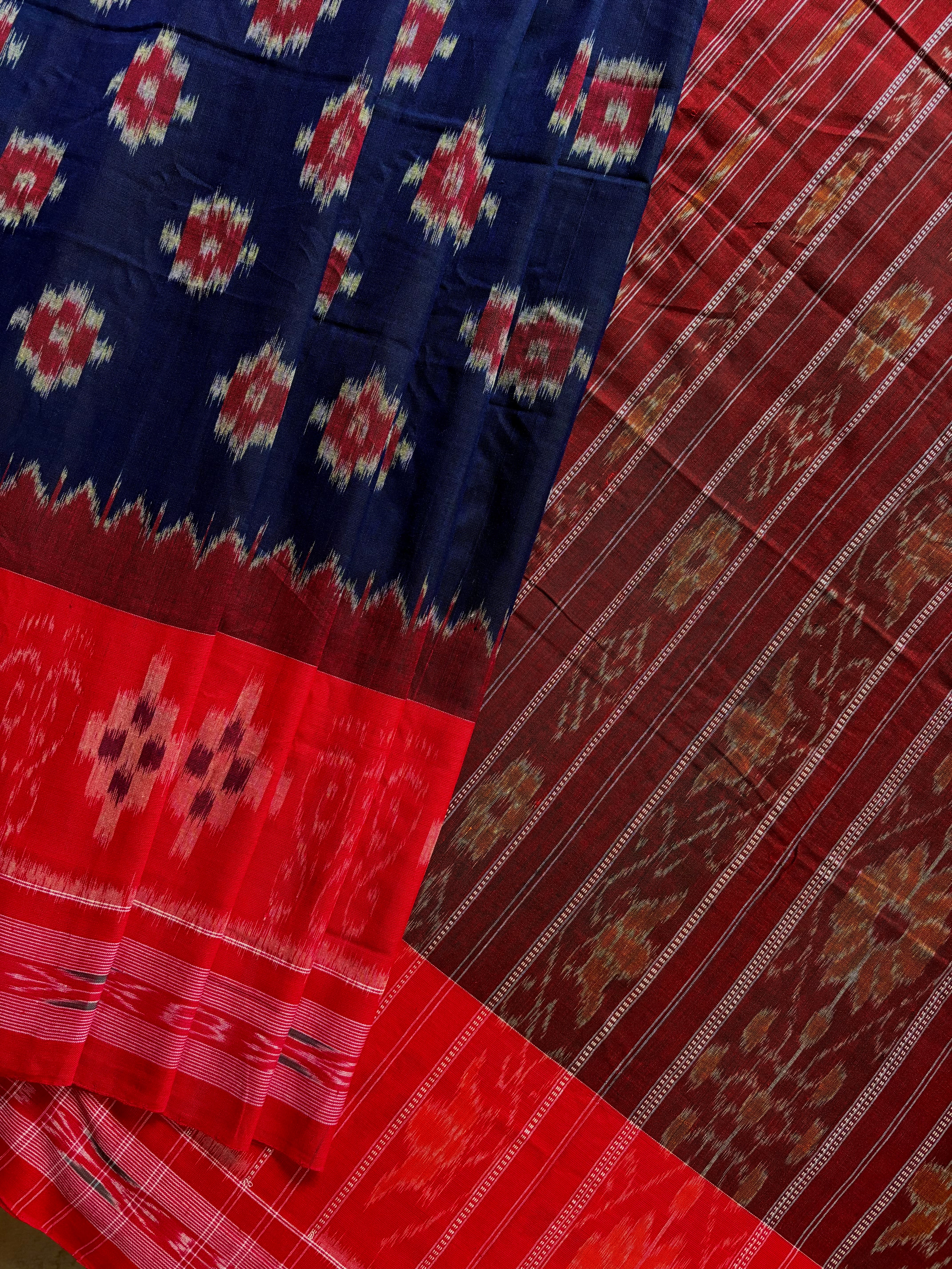Handwoven Navy Red Odisha Cotton Ikkat Saree