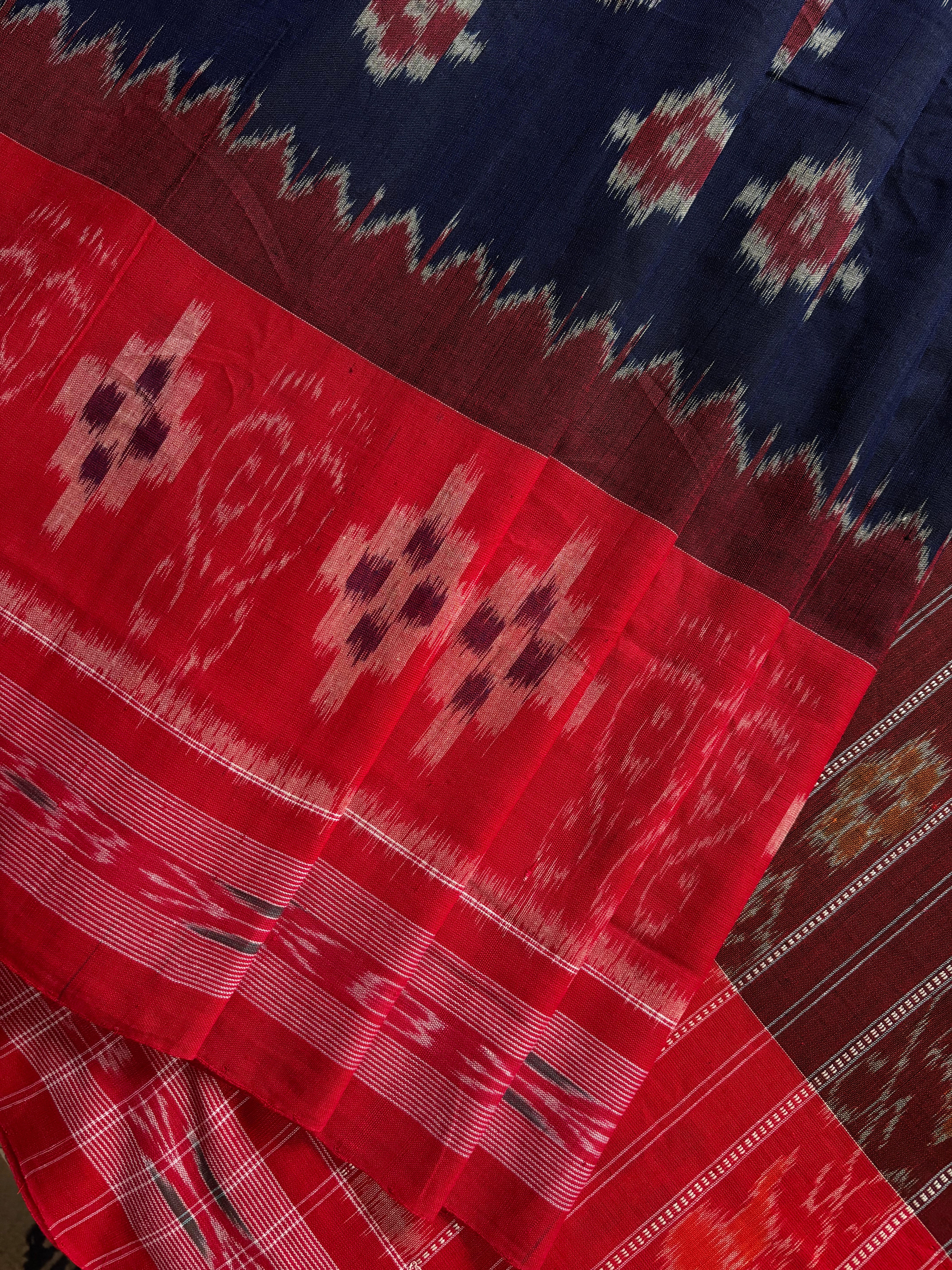 Handwoven Navy Red Odisha Cotton Ikkat Saree