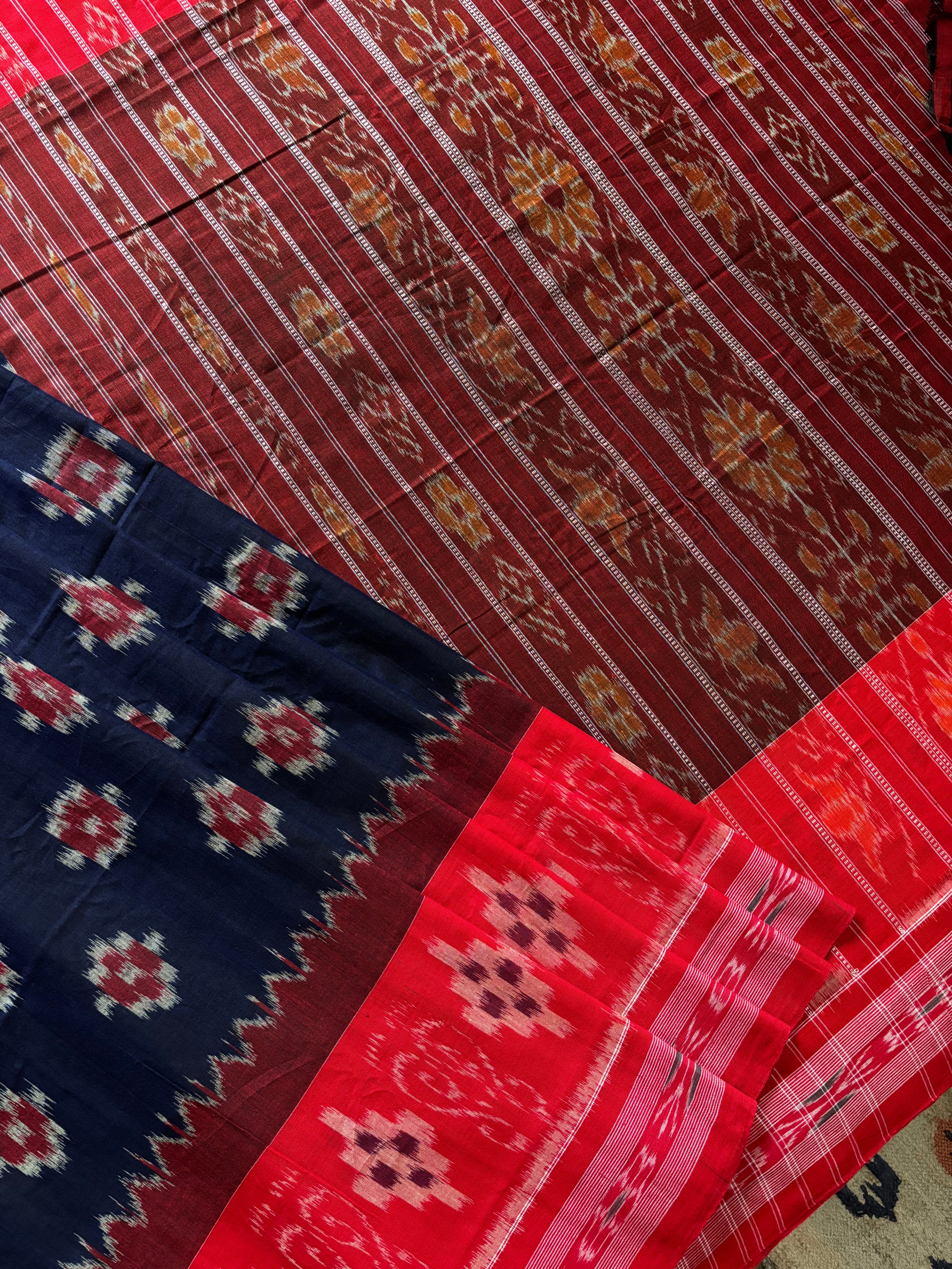 Handwoven Navy Red Odisha Cotton Ikkat Saree