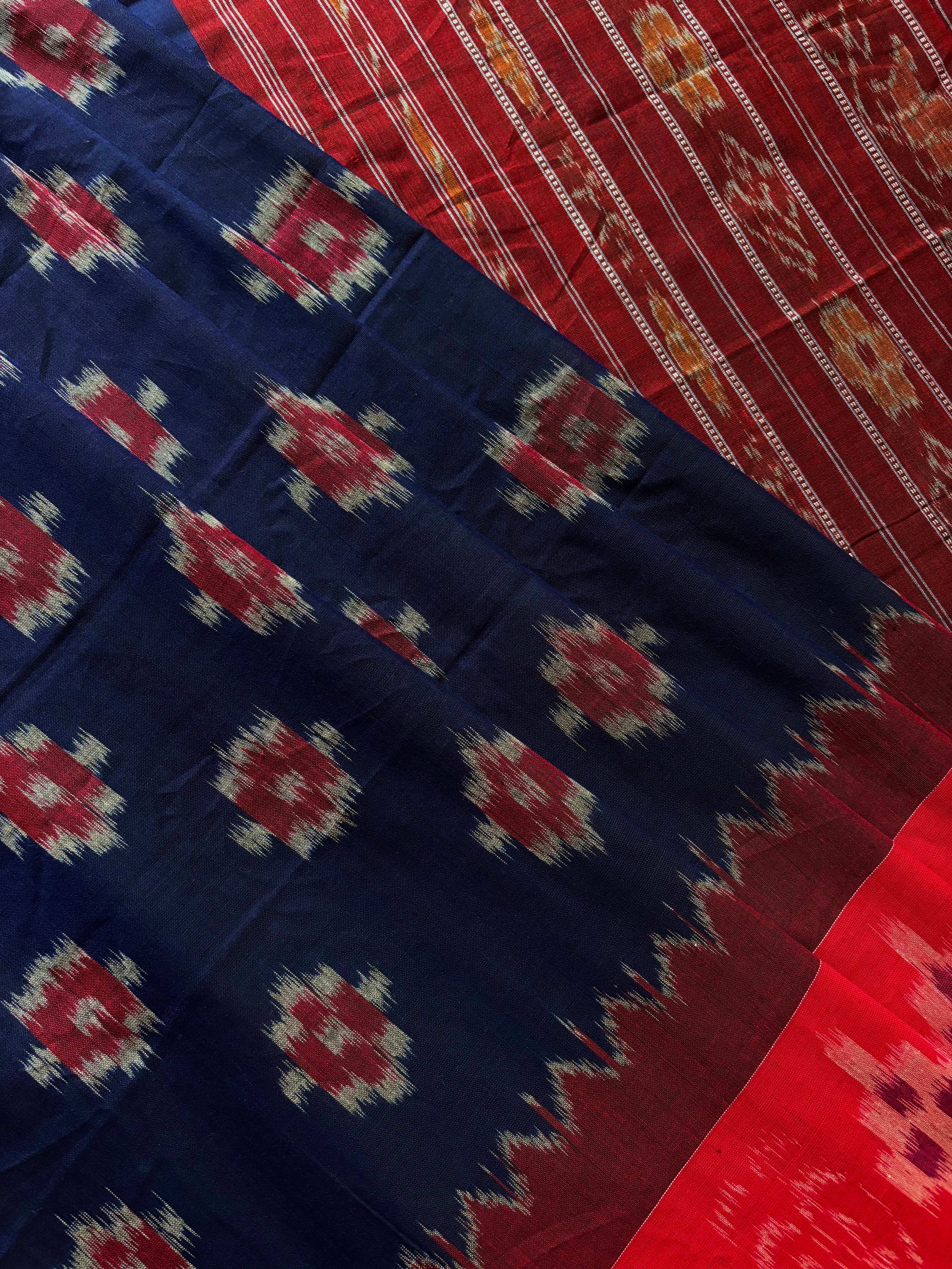 Handwoven Navy Red Odisha Cotton Ikkat Saree