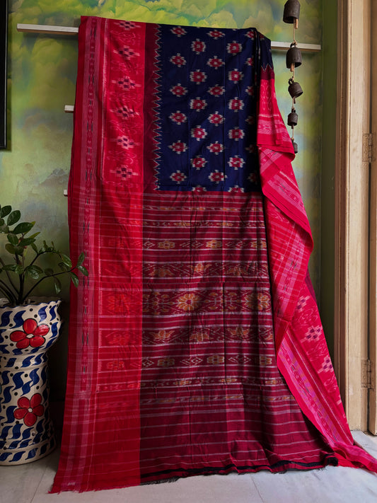 Handwoven Navy Red Odisha Cotton Ikkat Saree