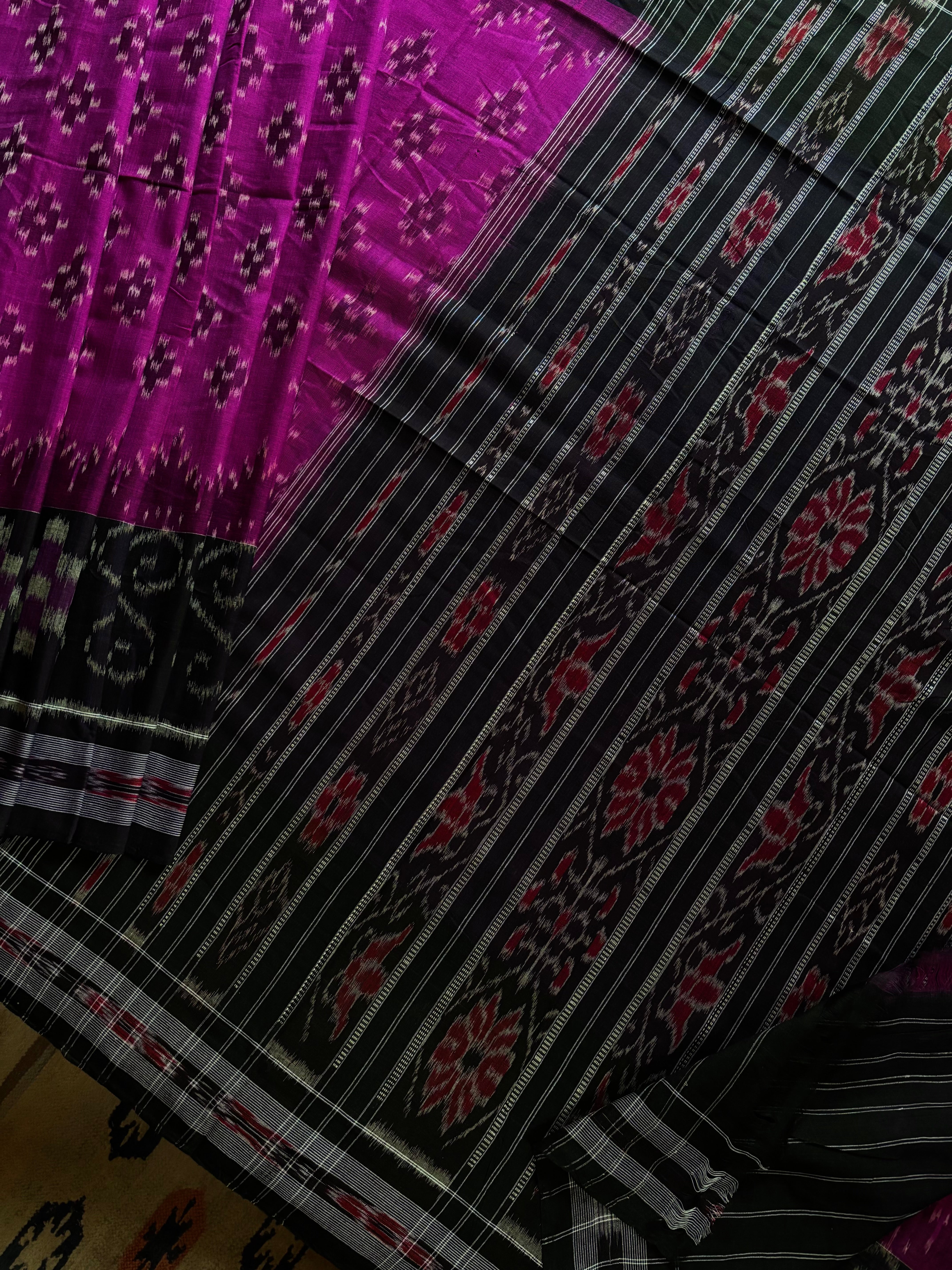 Handwoven Magenta Black Odisha Cotton Ikkat Saree