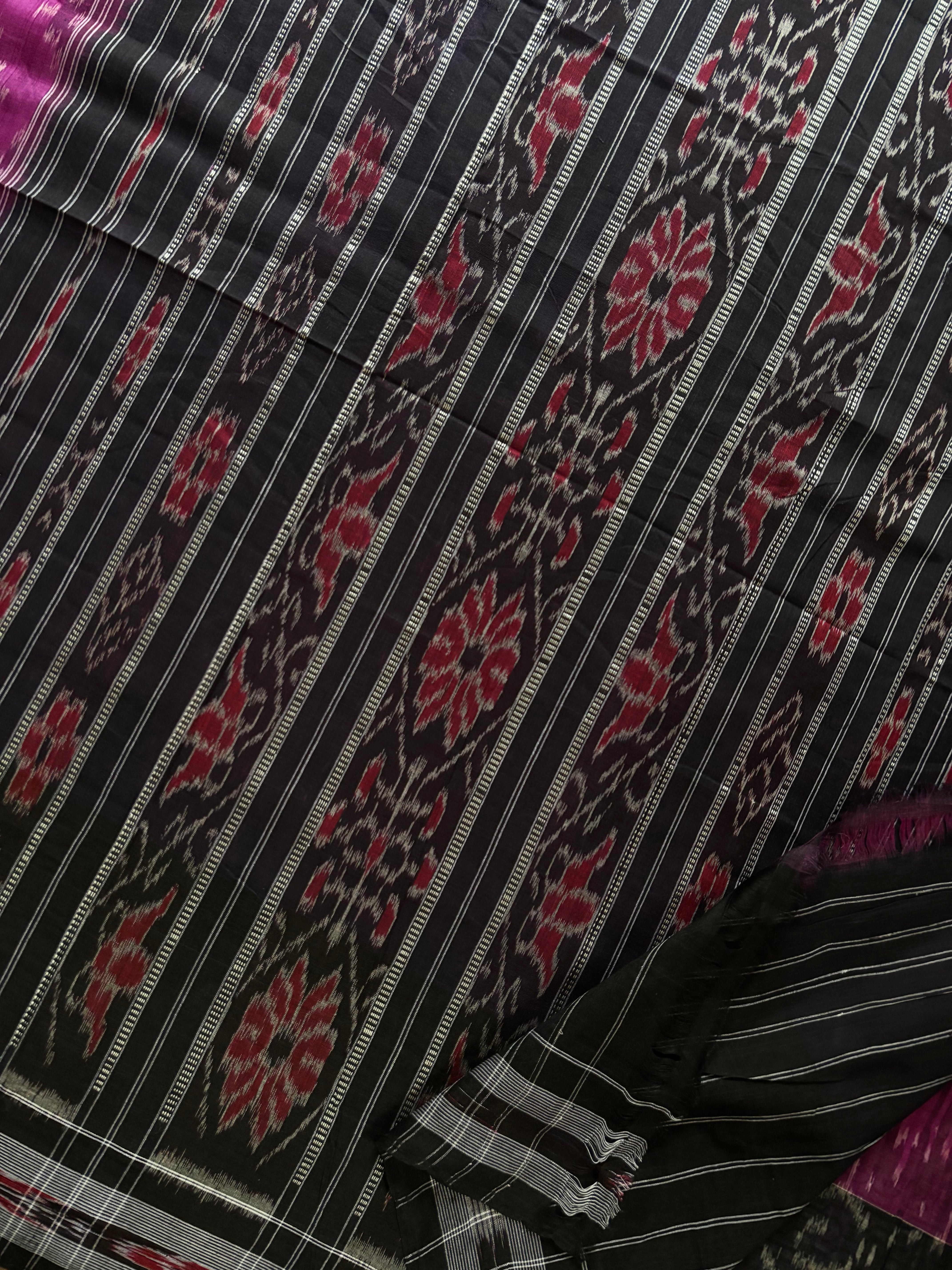 Handwoven Magenta Black Odisha Cotton Ikkat Saree