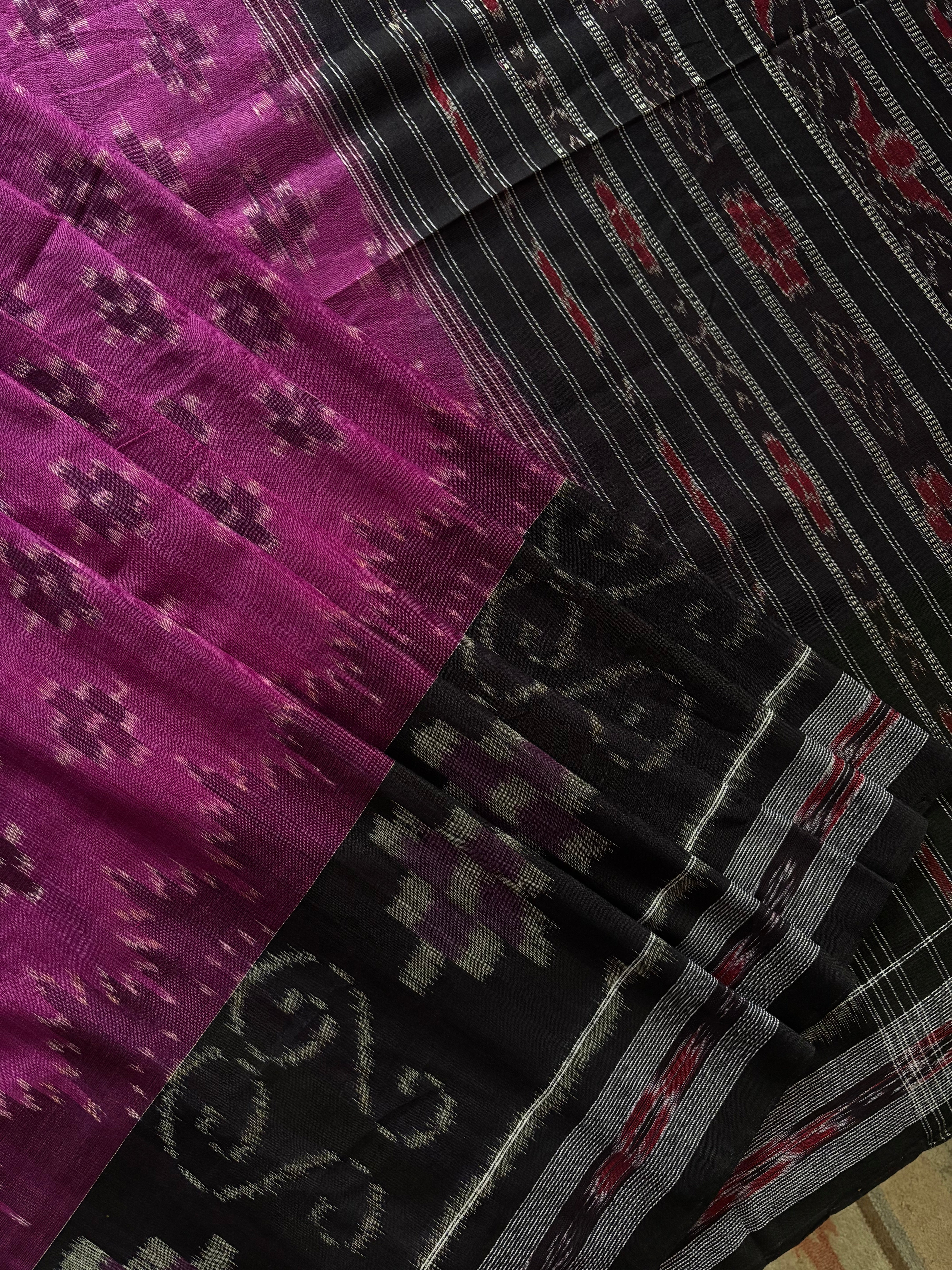 Handwoven Magenta Black Odisha Cotton Ikkat Saree