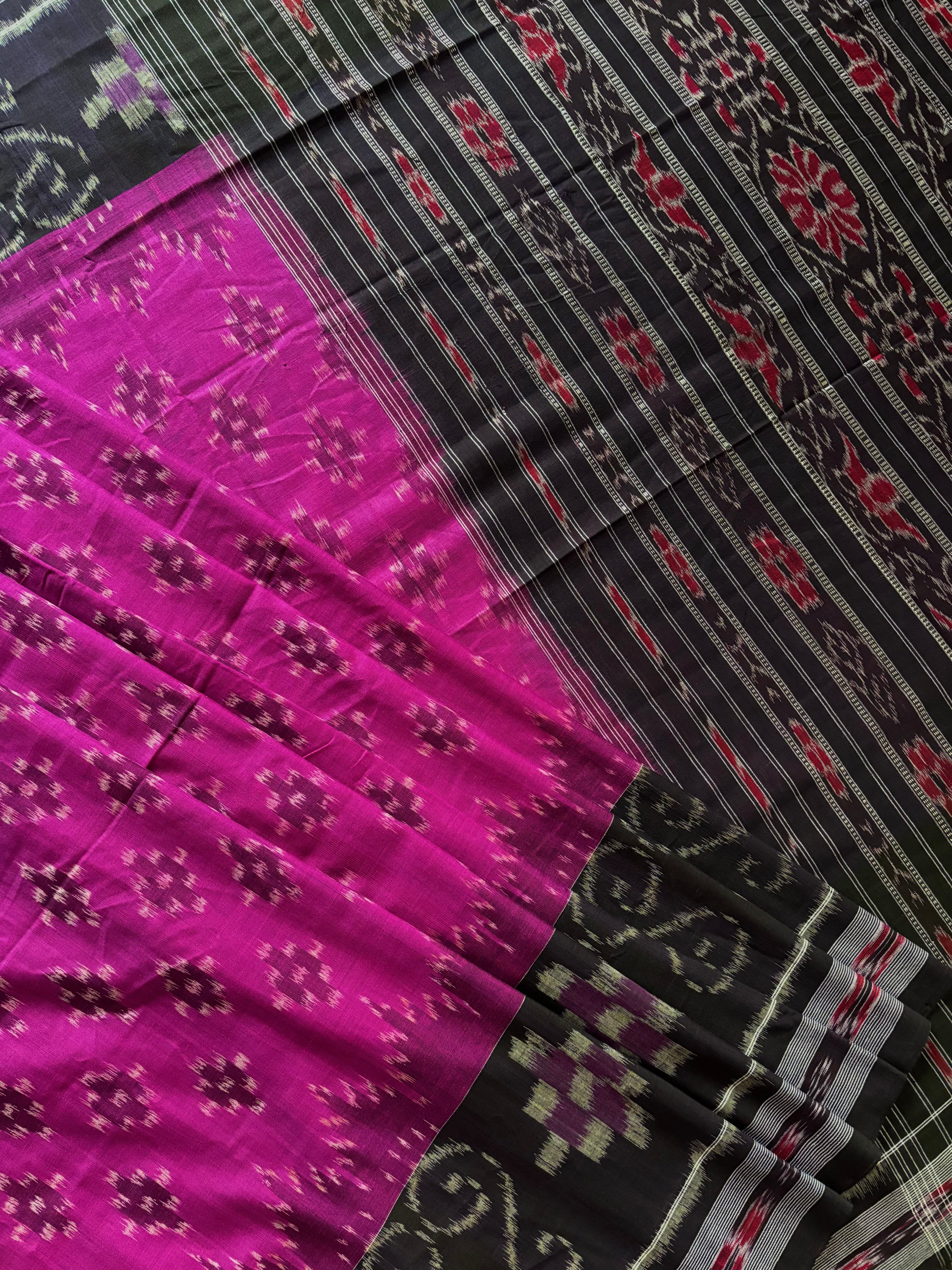 Handwoven Magenta Black Odisha Cotton Ikkat Saree