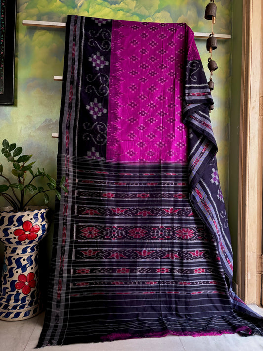 Handwoven Magenta Black Odisha Cotton Ikkat Saree
