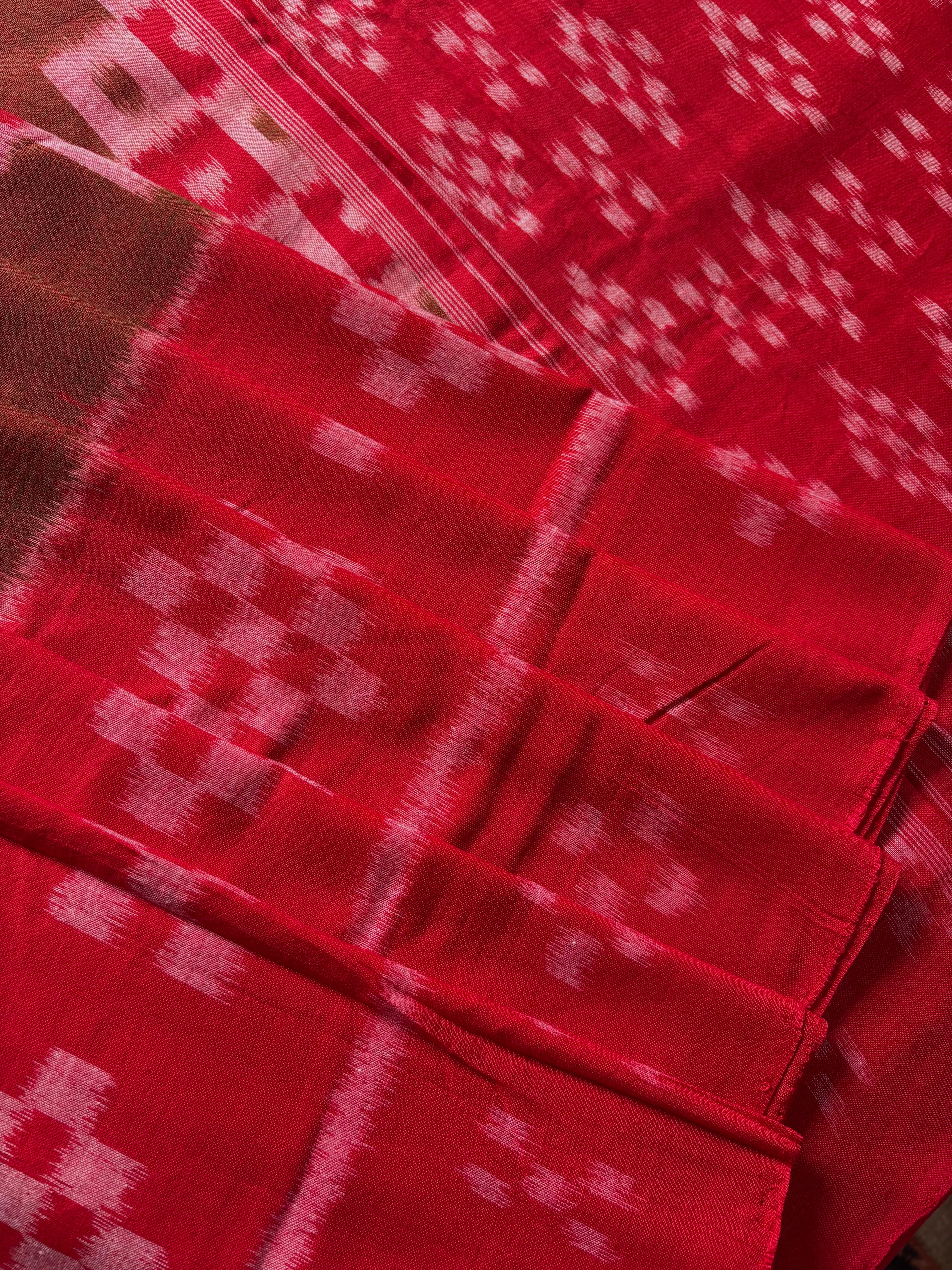 Handwoven Green Red Dual Toned Cotton Odisha Ikkat Saree