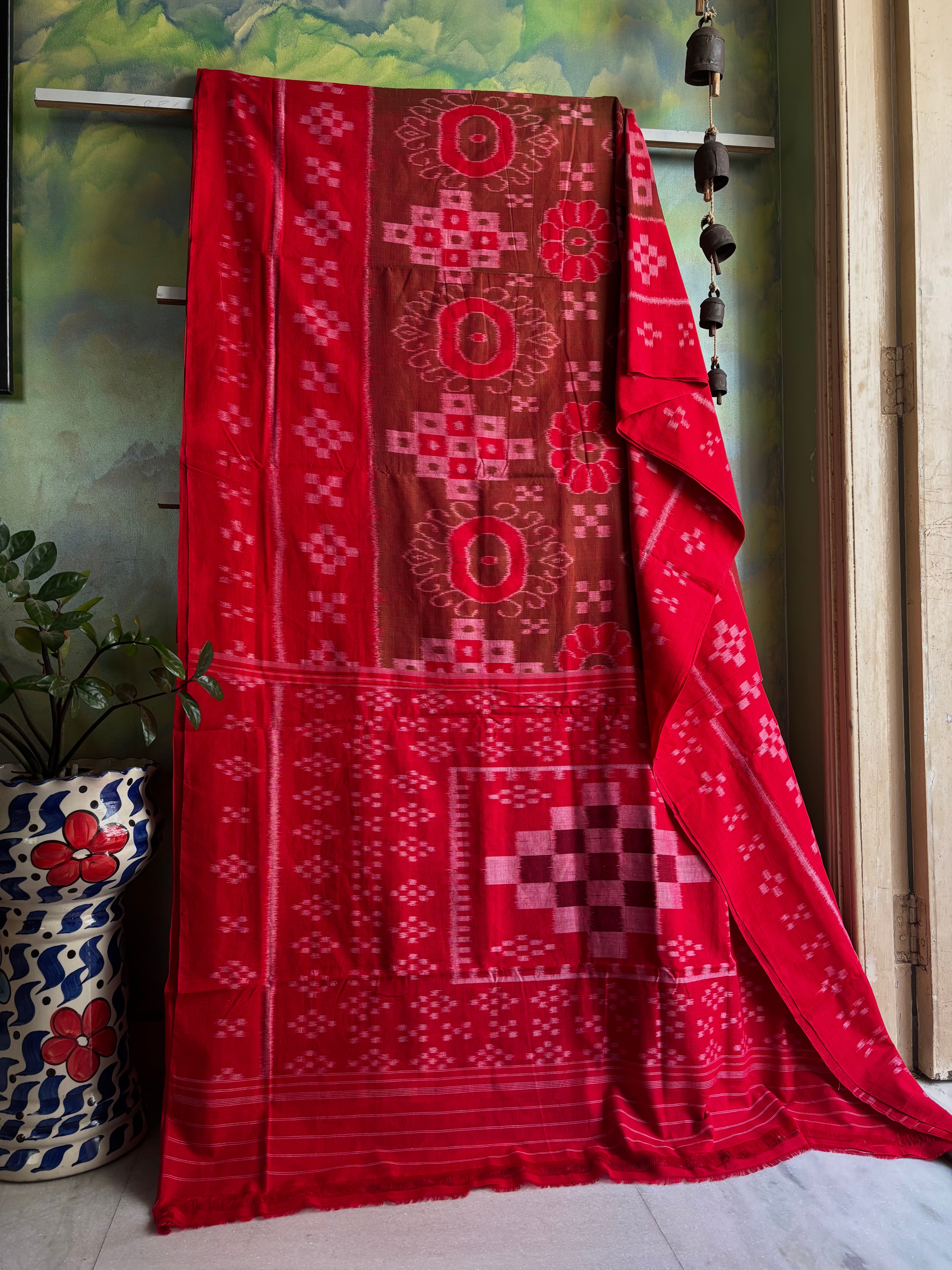 Handwoven Green Red Dual Toned Cotton Odisha Ikkat Saree