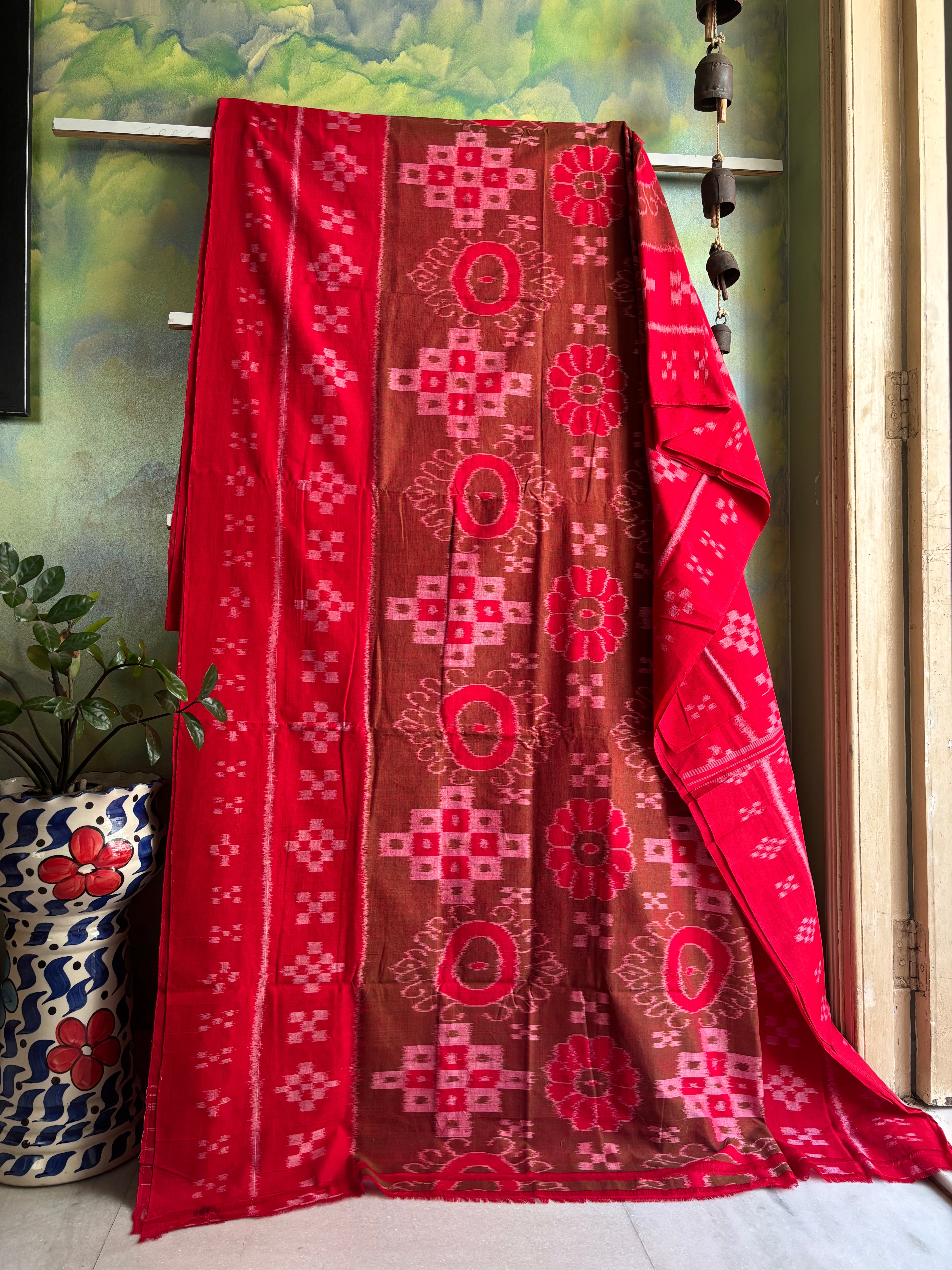 Handwoven Green Red Dual Toned Cotton Odisha Ikkat Saree