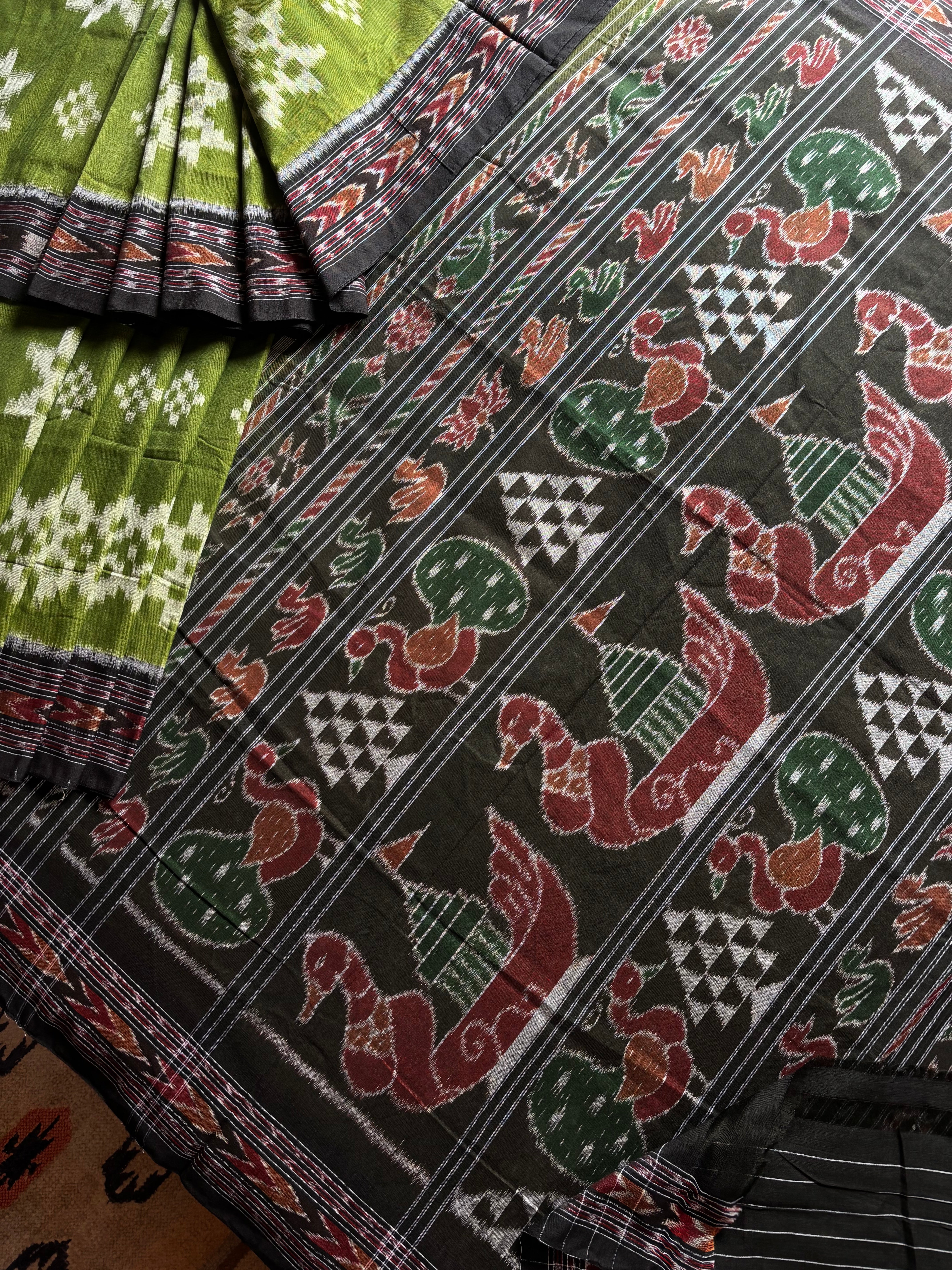 Handwoven Green Black Odisha Cotton Ikkat Saree