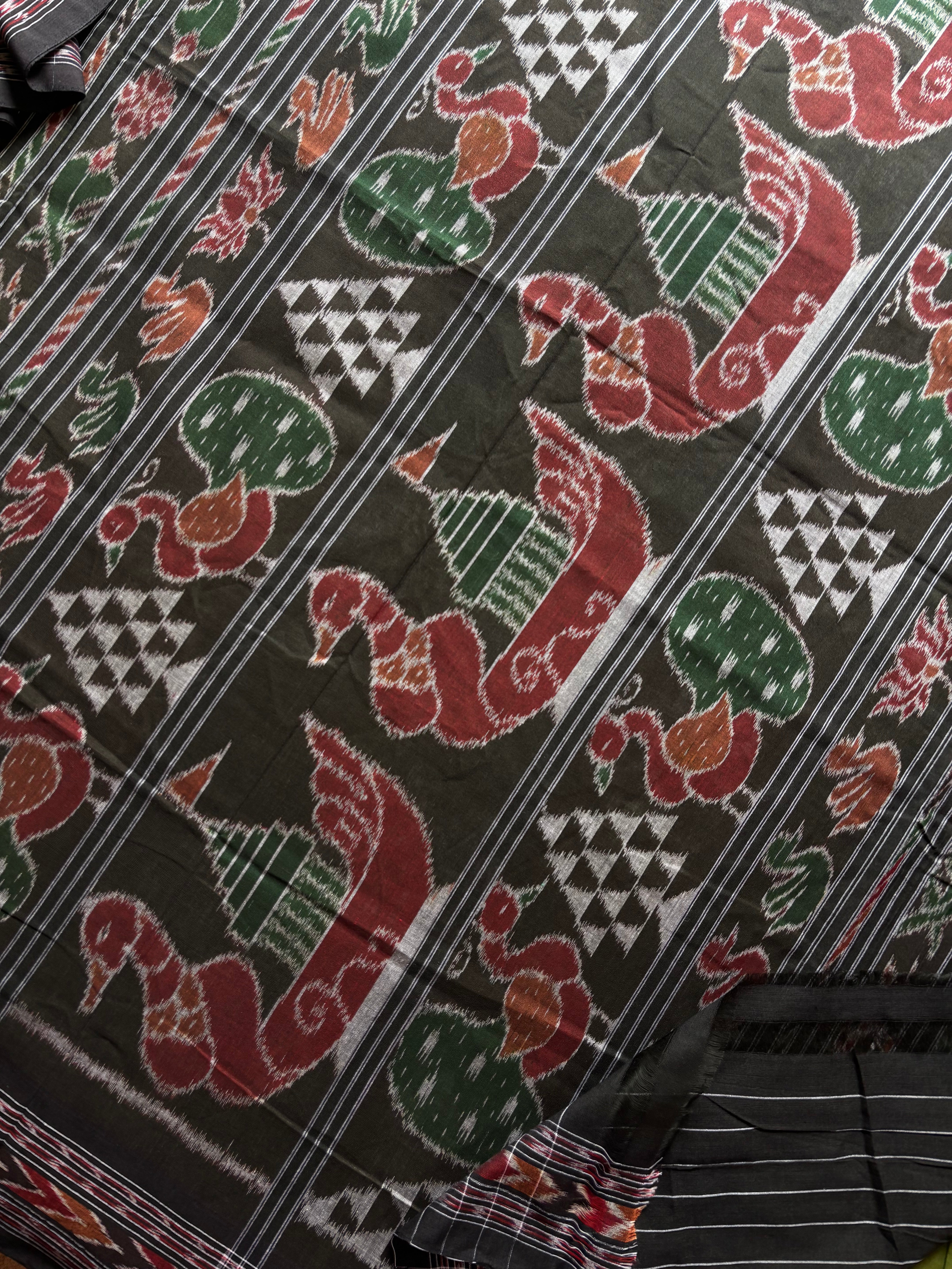Handwoven Green Black Odisha Cotton Ikkat Saree