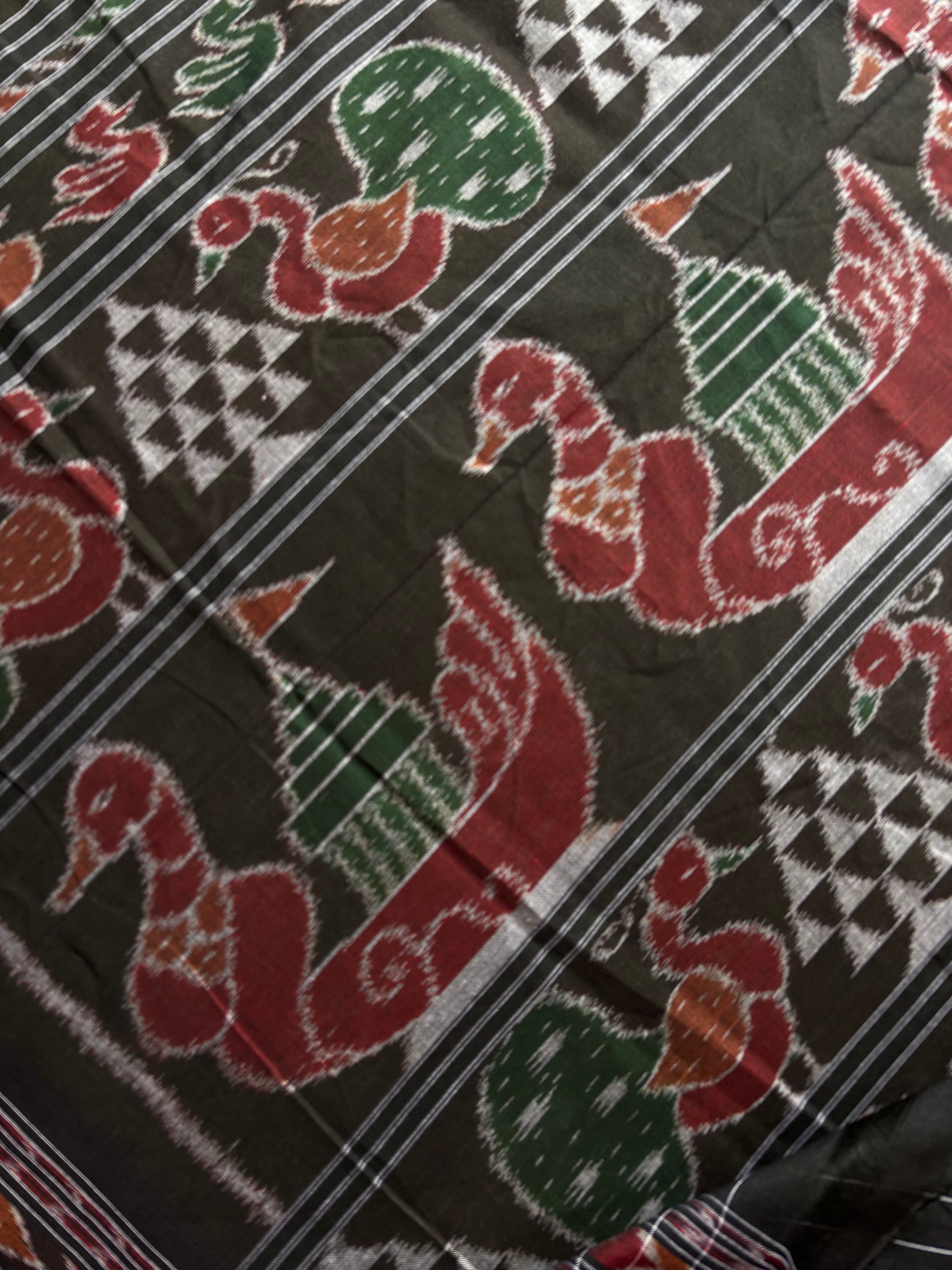 Handwoven Green Black Odisha Cotton Ikkat Saree