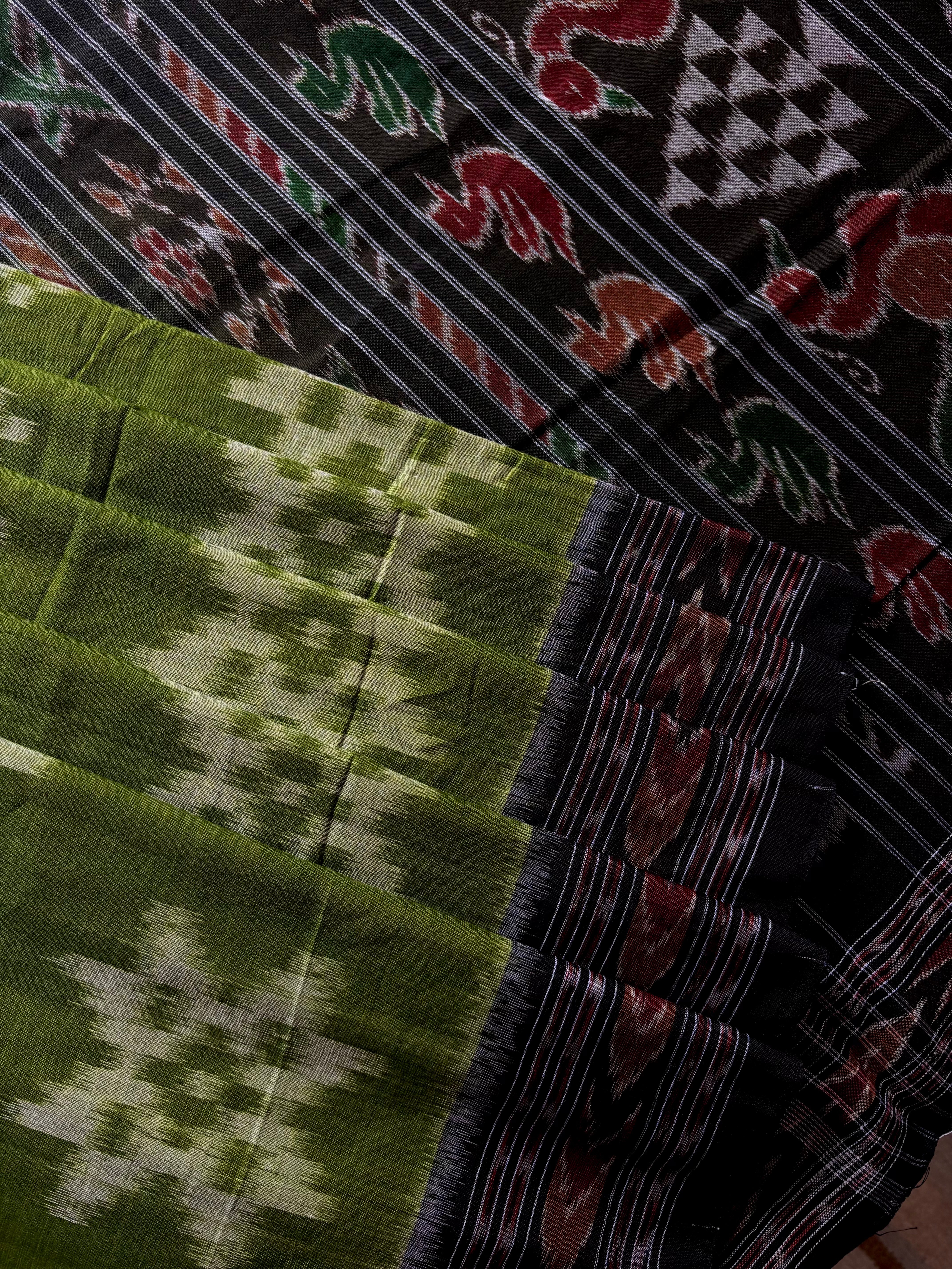 Handwoven Green Black Odisha Cotton Ikkat Saree