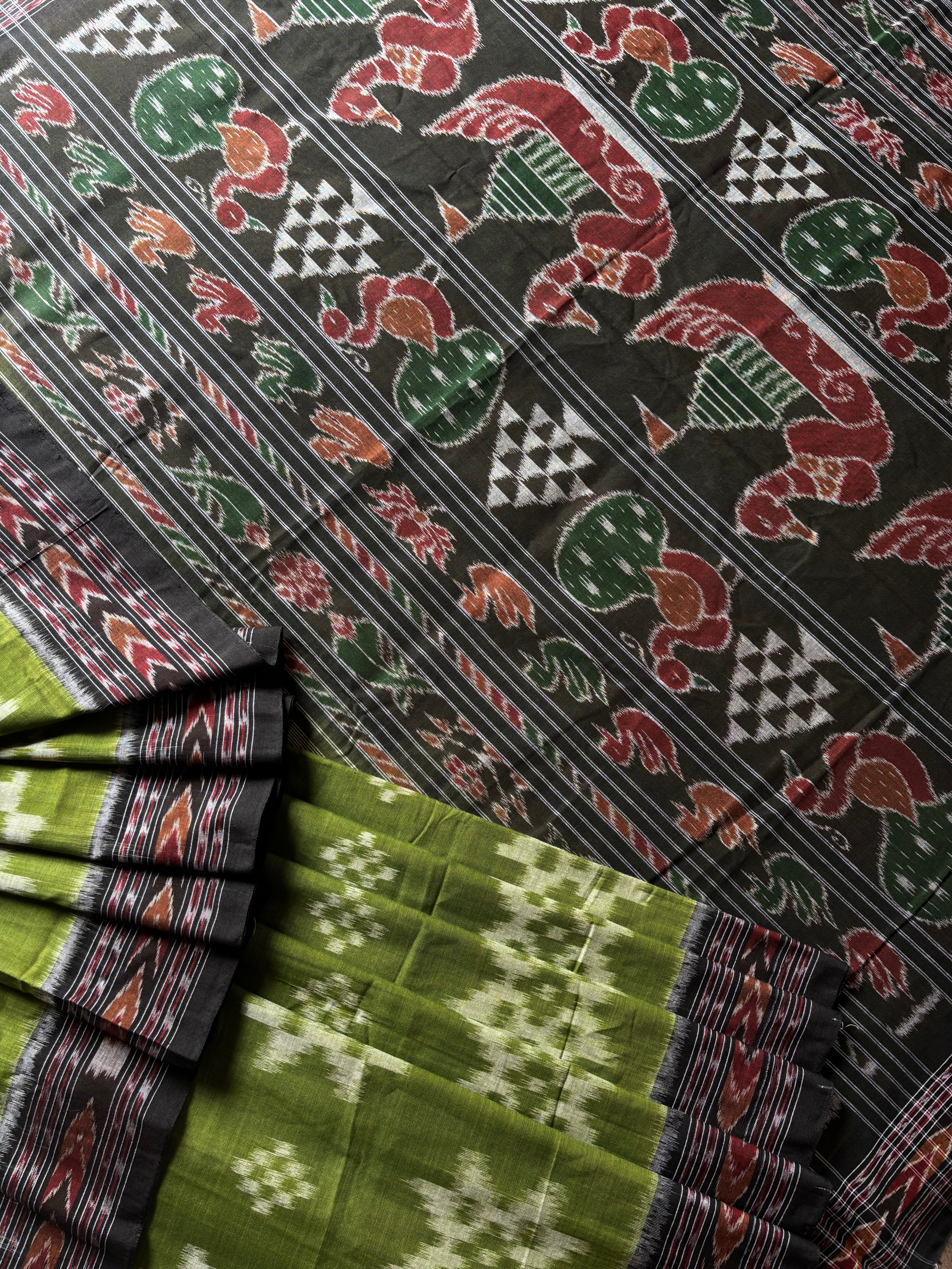 Handwoven Green Black Odisha Cotton Ikkat Saree