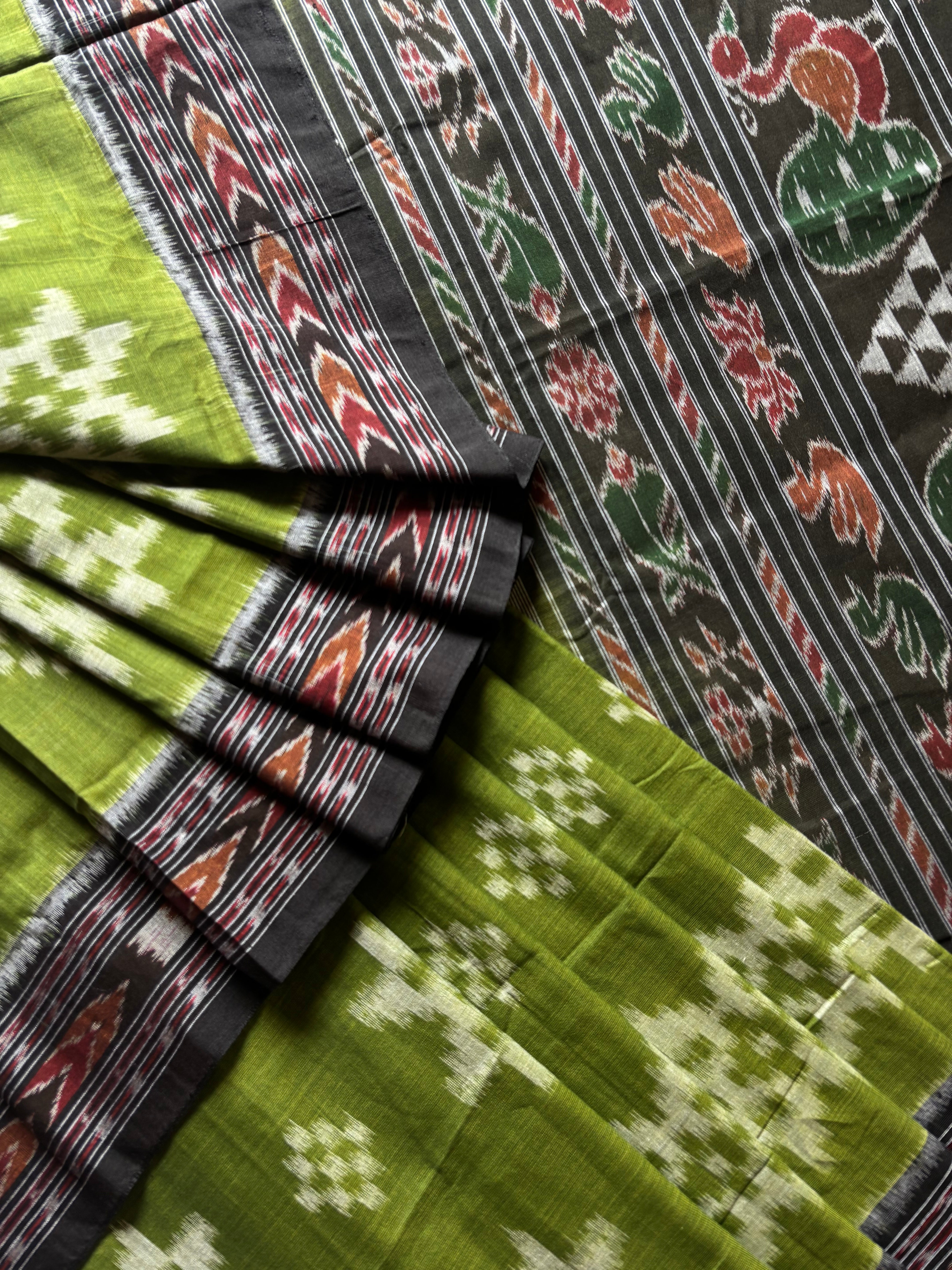 Handwoven Green Black Odisha Cotton Ikkat Saree