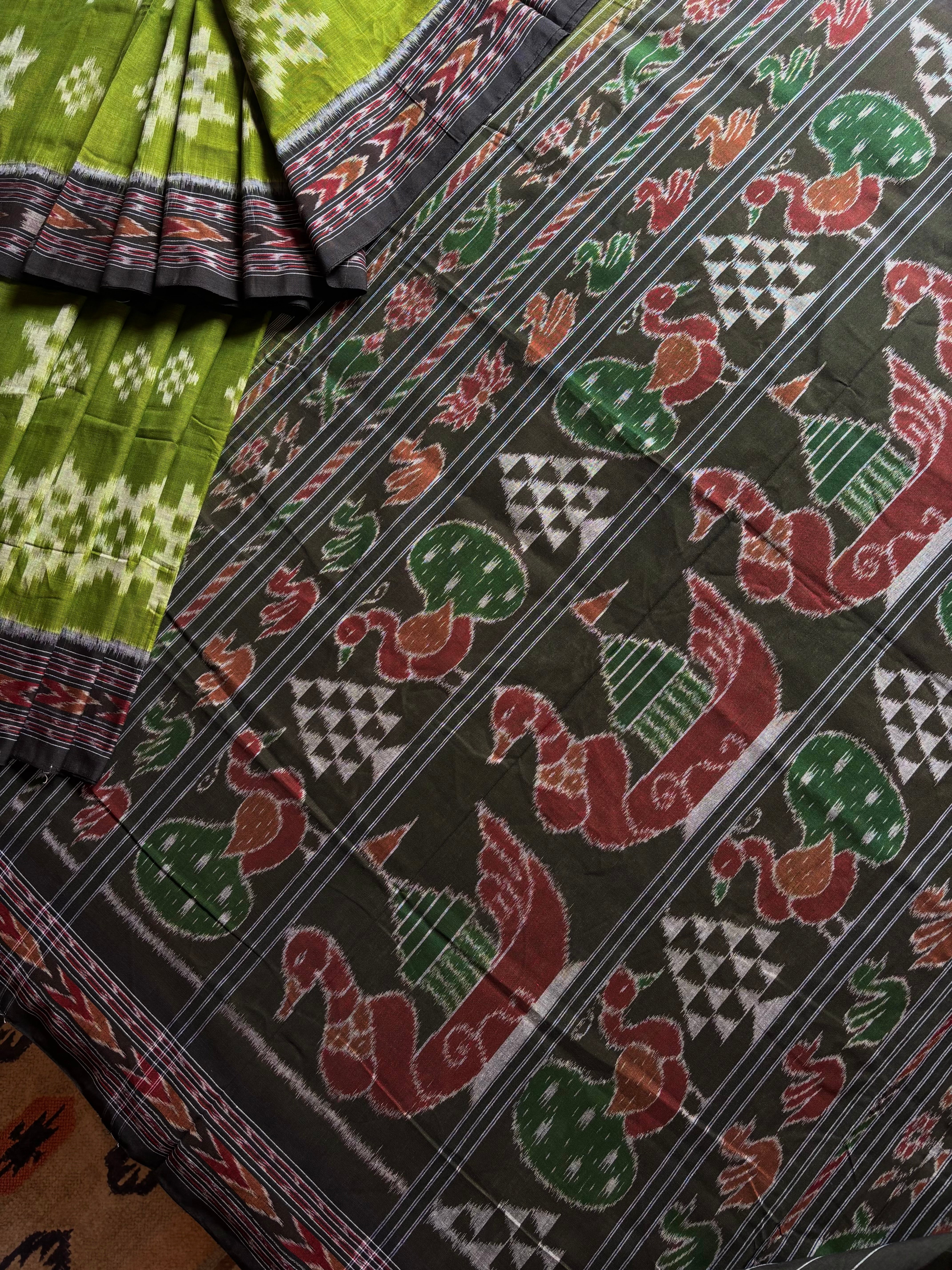 Handwoven Green Black Odisha Cotton Ikkat Saree