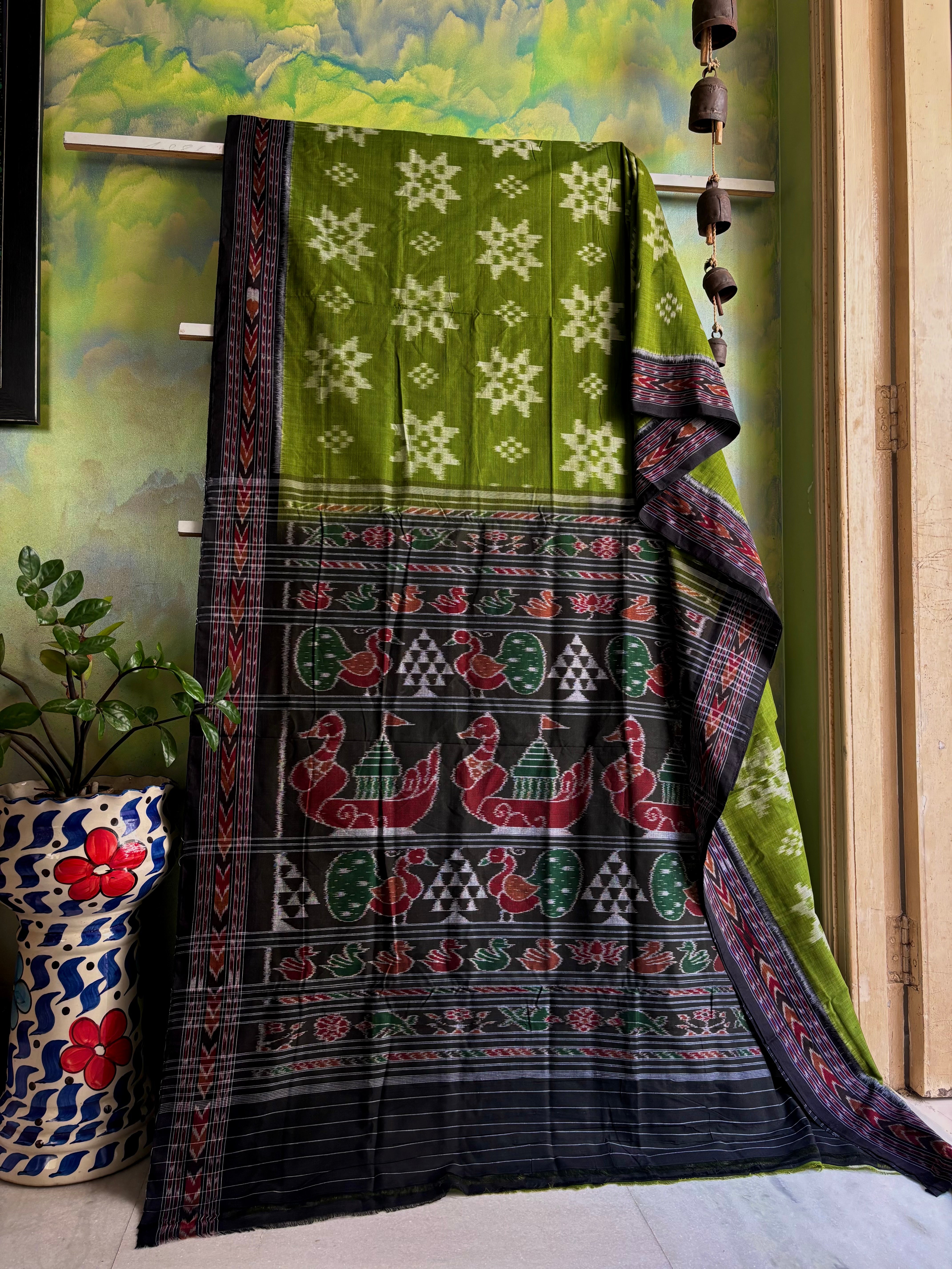 Handwoven Green Black Odisha Cotton Ikkat Saree