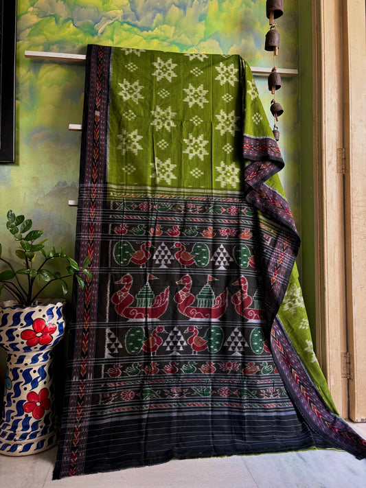 Handwoven Green Black Odisha Cotton Ikkat Saree