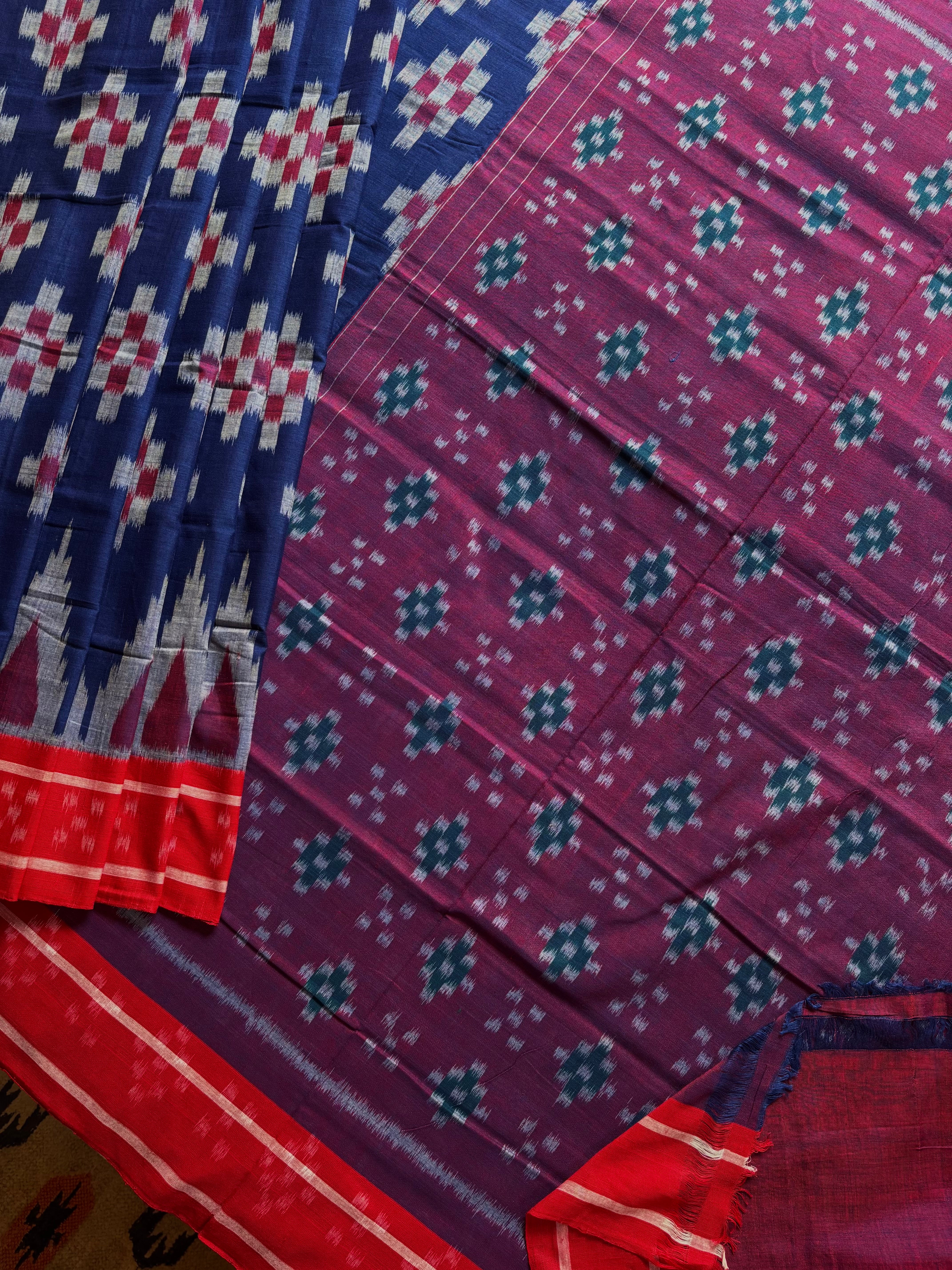 Handwoven Dark Blue Red Odisha Cotton Ikkat Saree