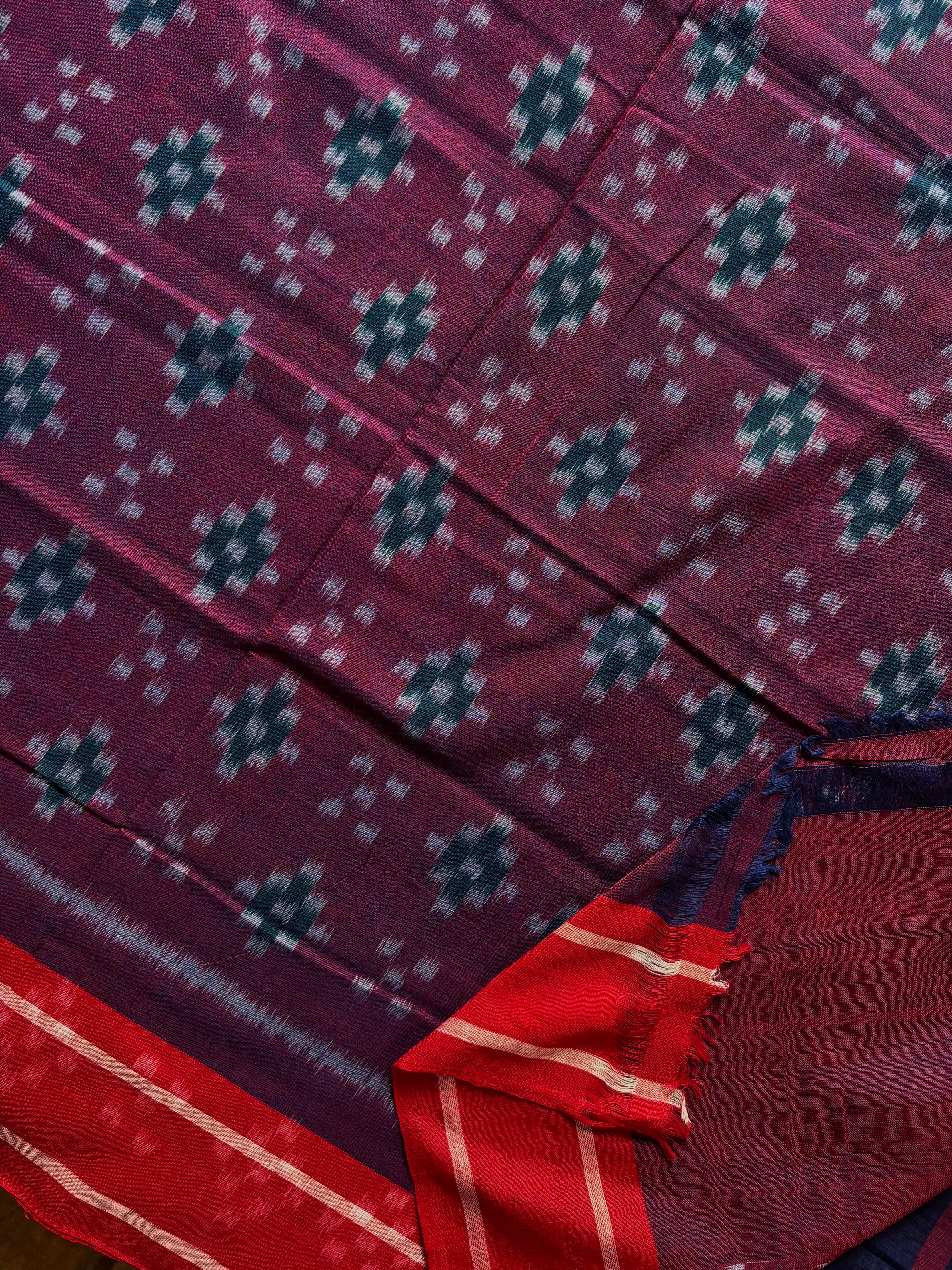 Handwoven Dark Blue Red Odisha Cotton Ikkat Saree