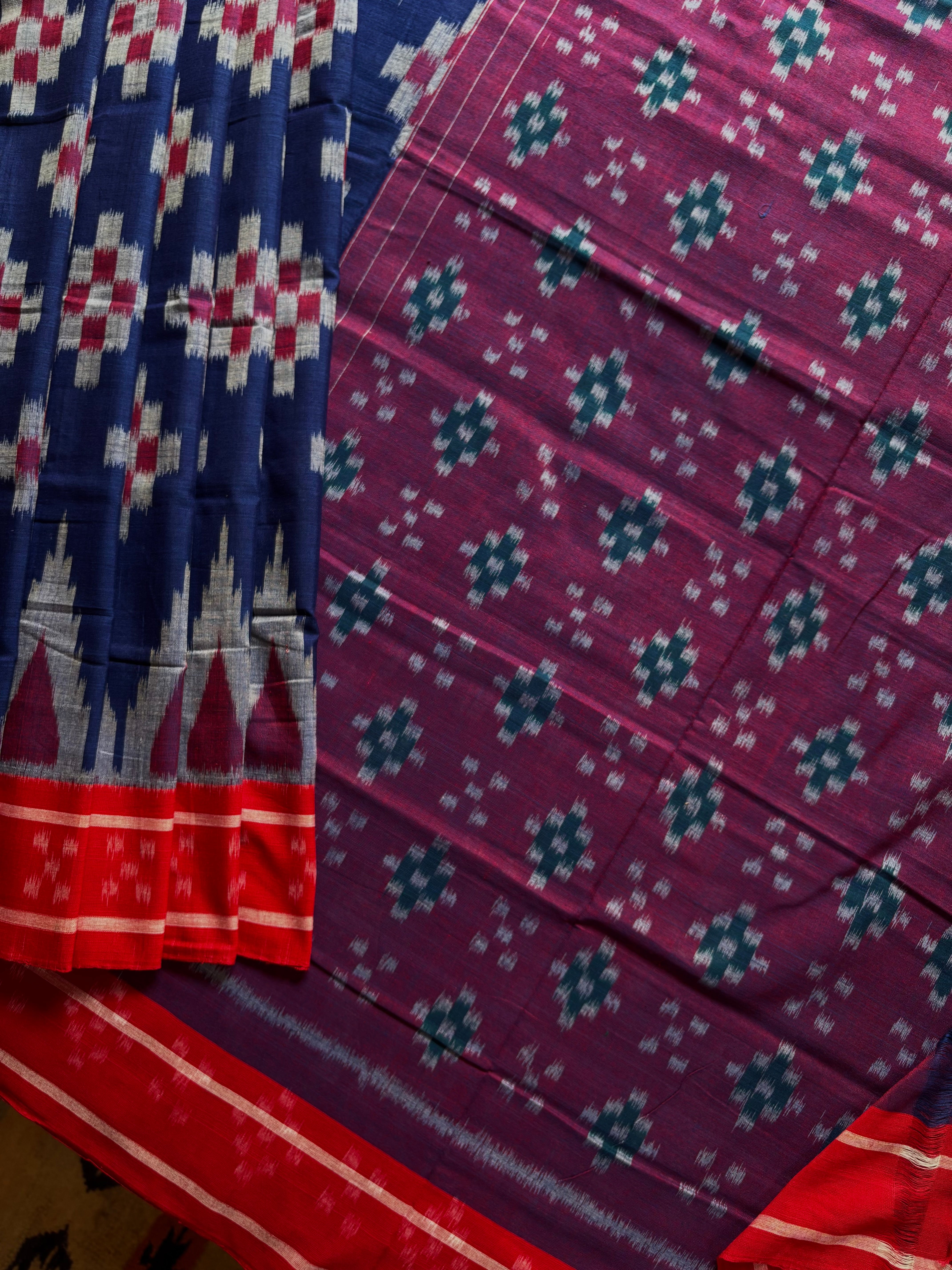 Handwoven Dark Blue Red Odisha Cotton Ikkat Saree