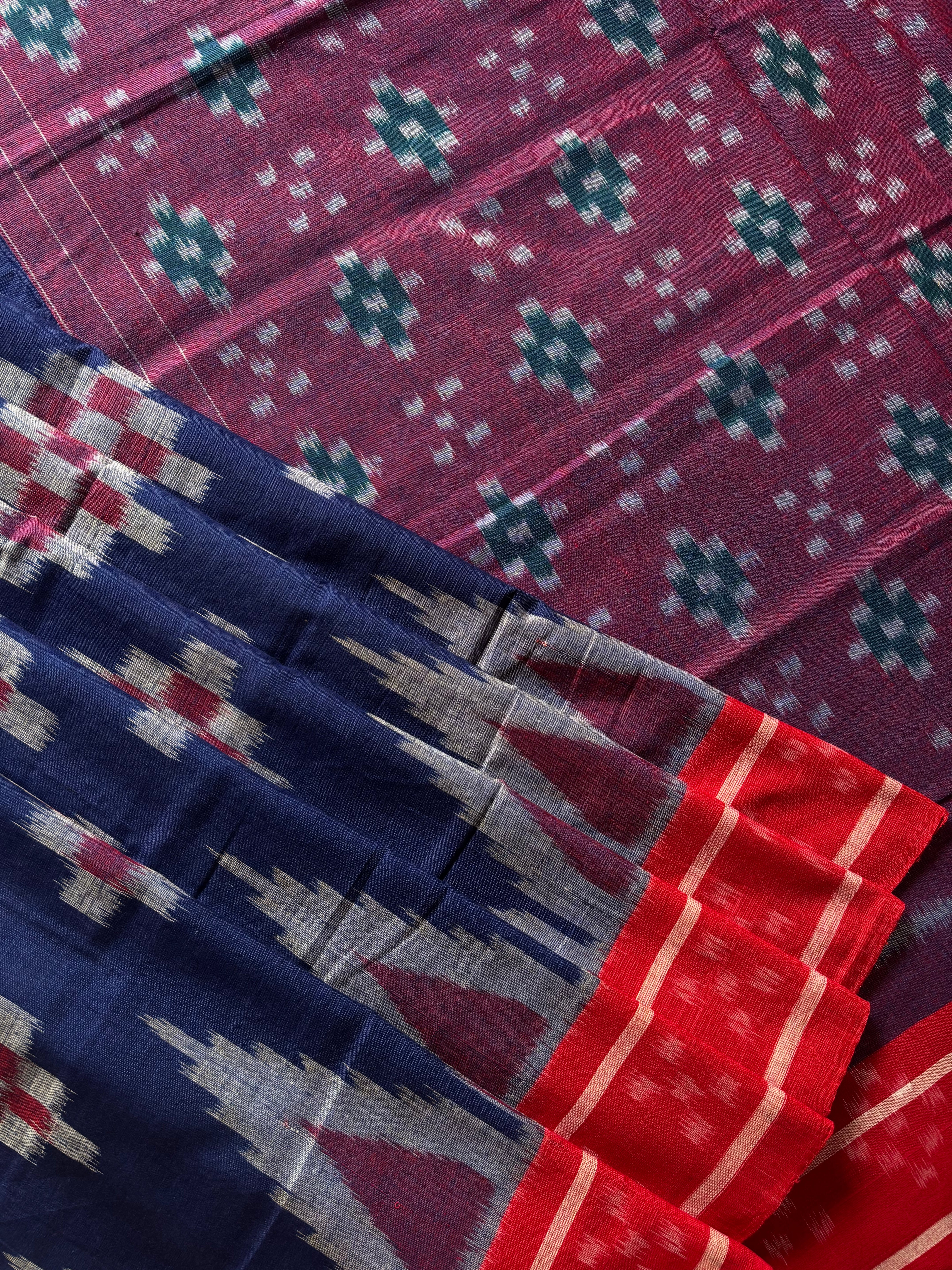 Handwoven Dark Blue Red Odisha Cotton Ikkat Saree