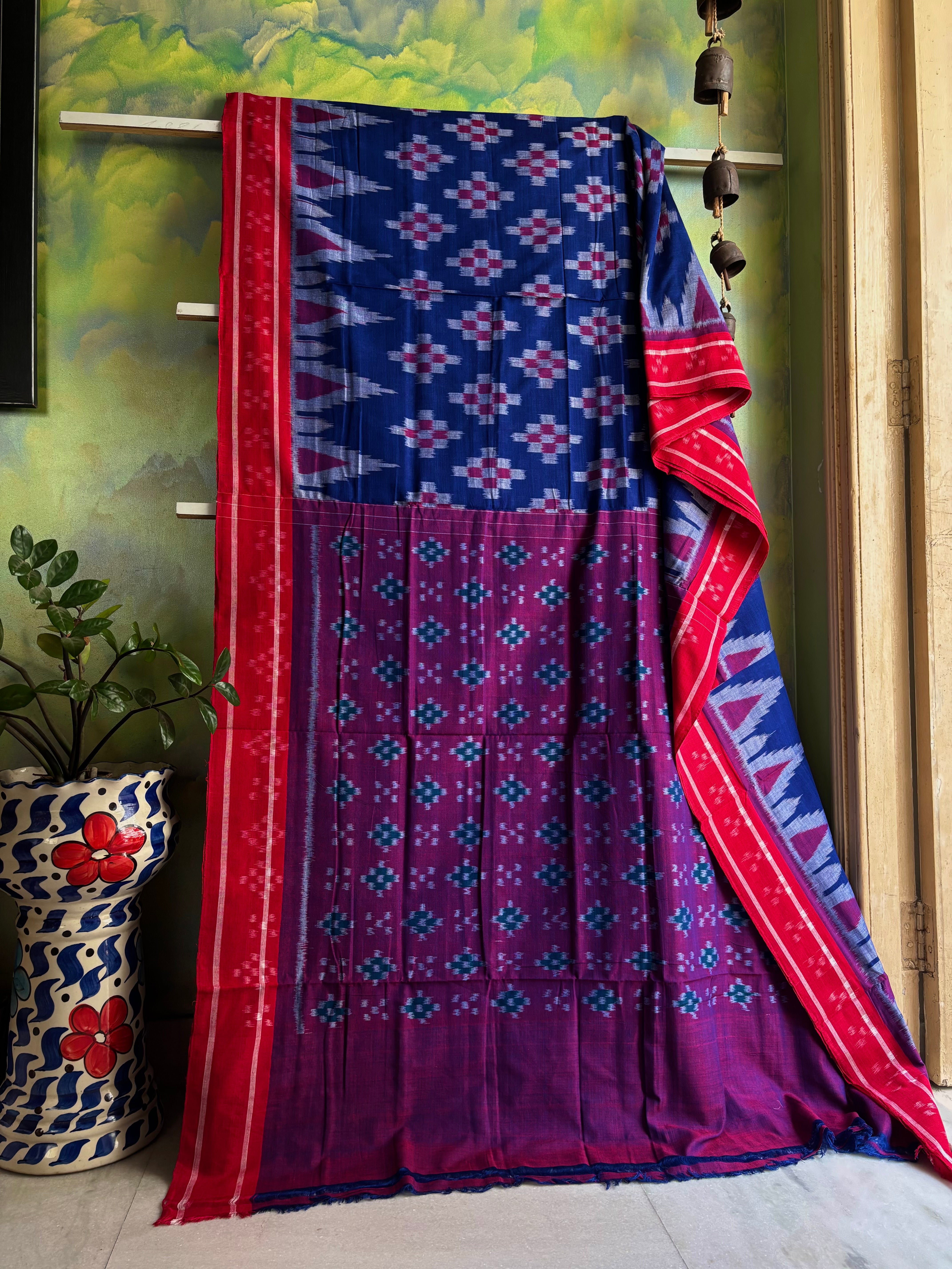 Handwoven Dark Blue Red Odisha Cotton Ikkat Saree