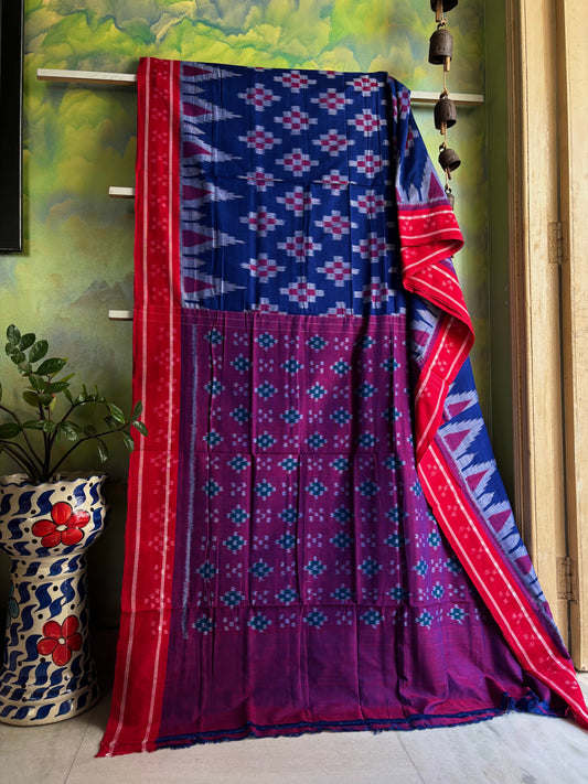 Handwoven Dark Blue Red Odisha Cotton Ikkat Saree