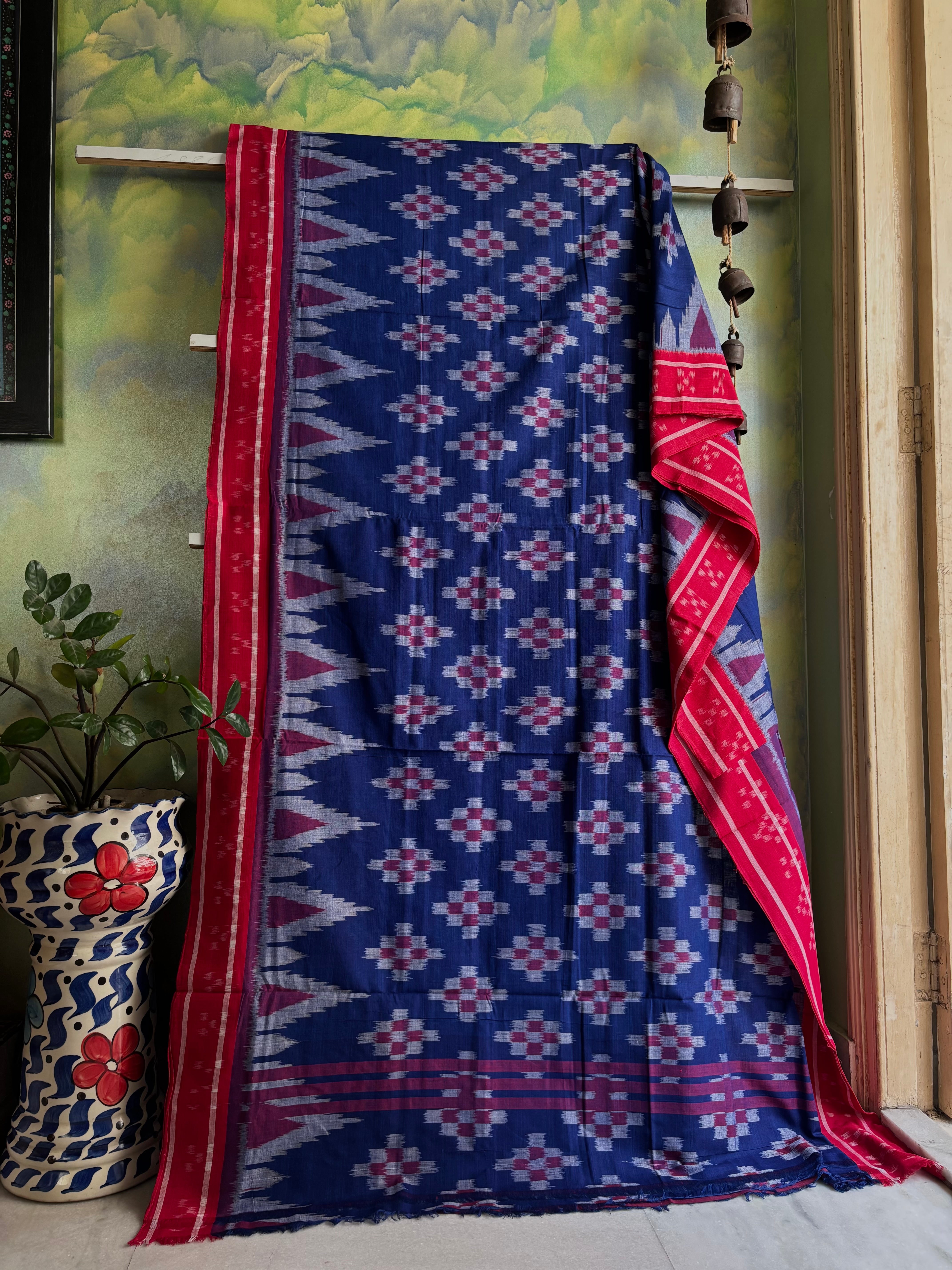 Handwoven Dark Blue Red Odisha Cotton Ikkat Saree
