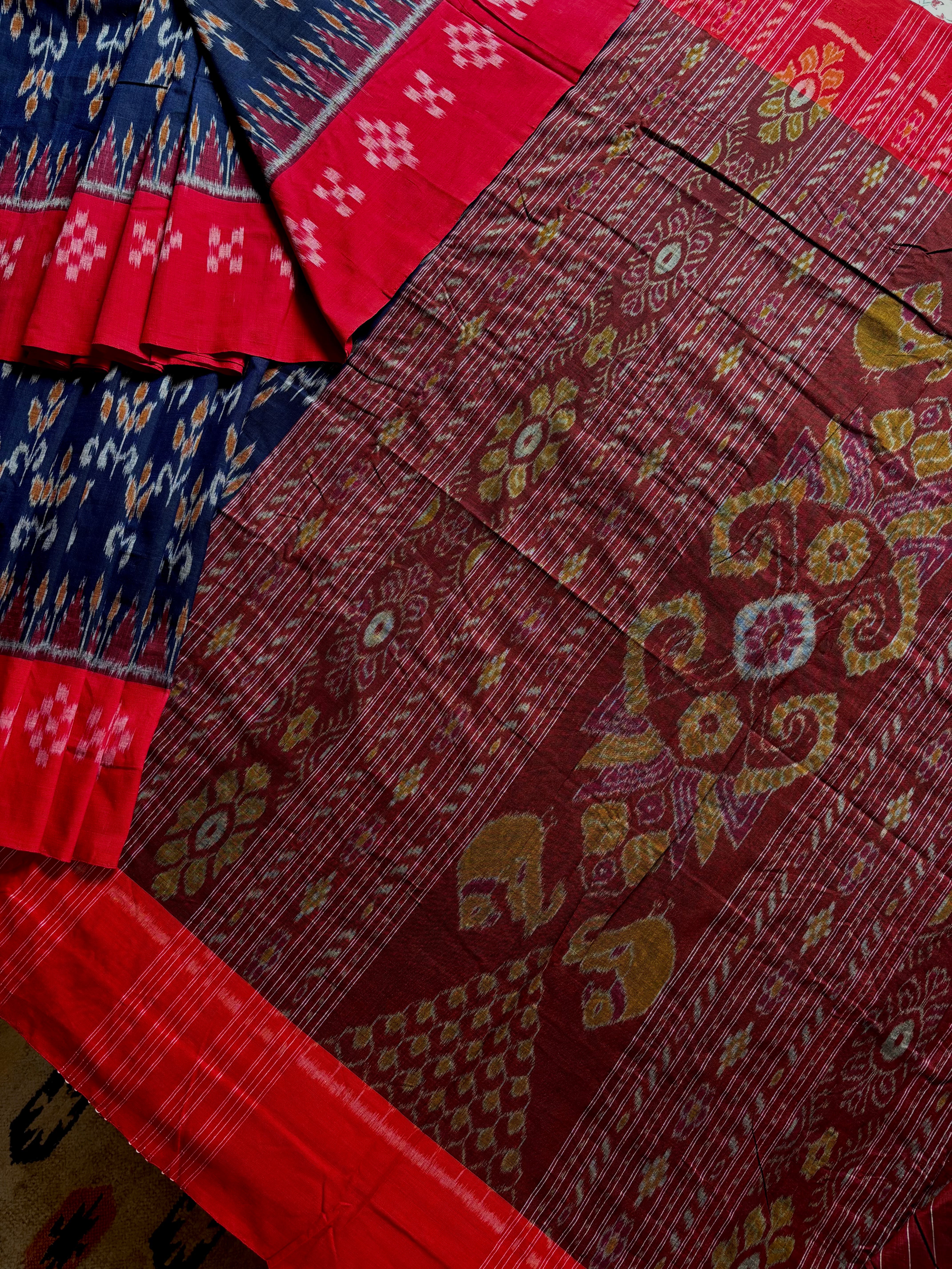 Handwoven Dark Navy Colour Odisha Cotton Ikkat Saree