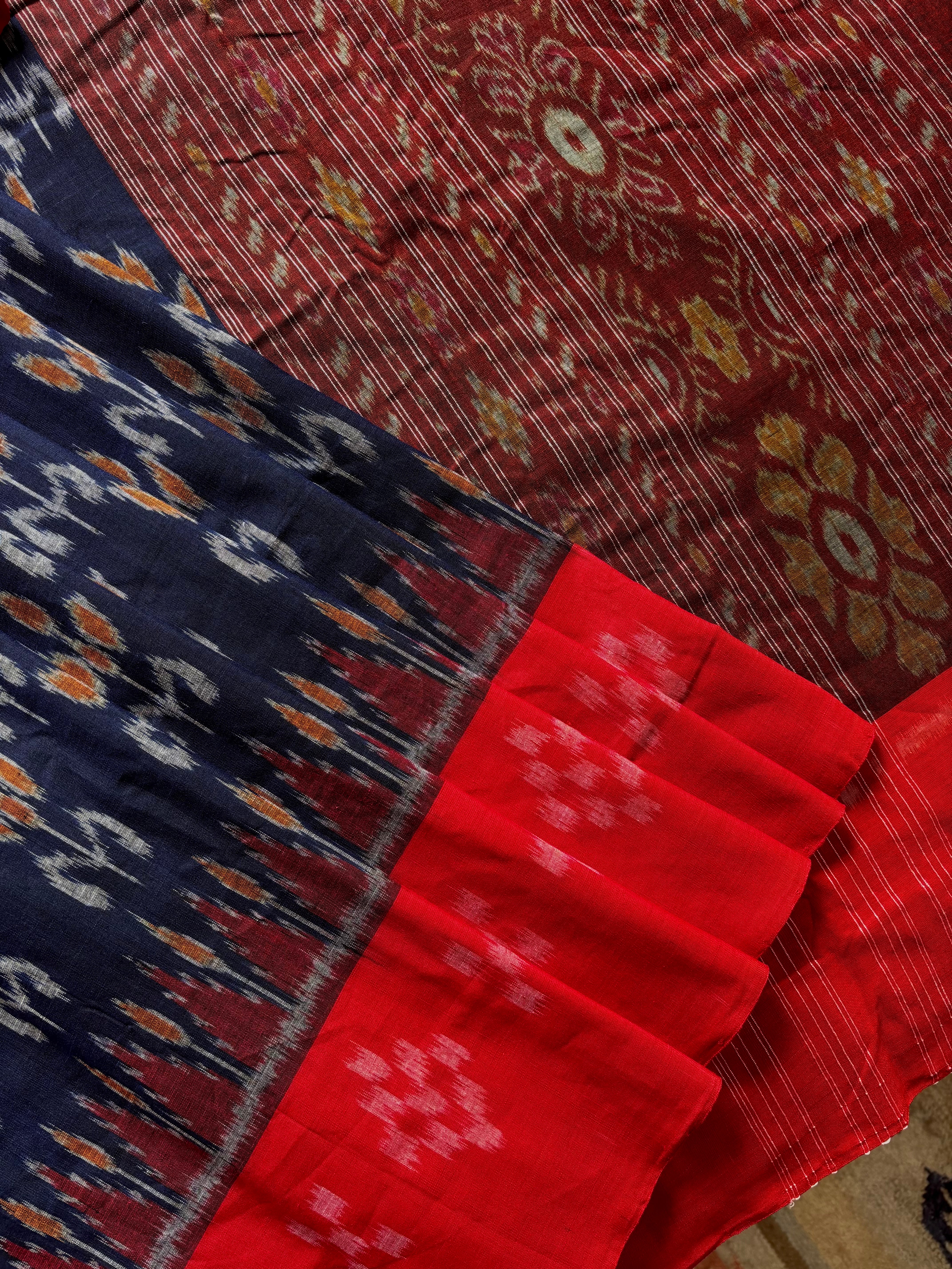 Handwoven Dark Navy Colour Odisha Cotton Ikkat Saree