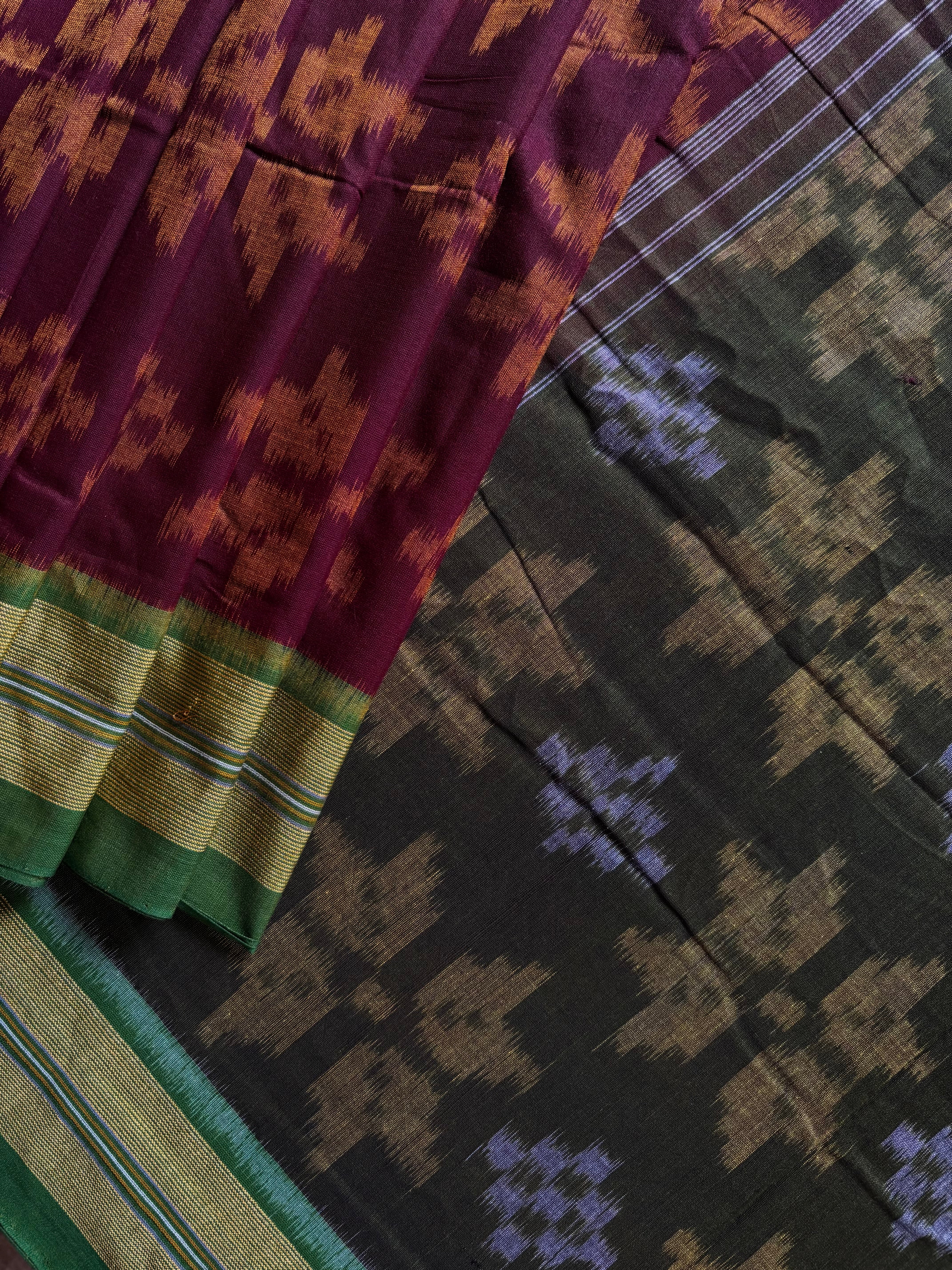 Handwoven Burgundy Green Odisha Ikkat Cotton Saree