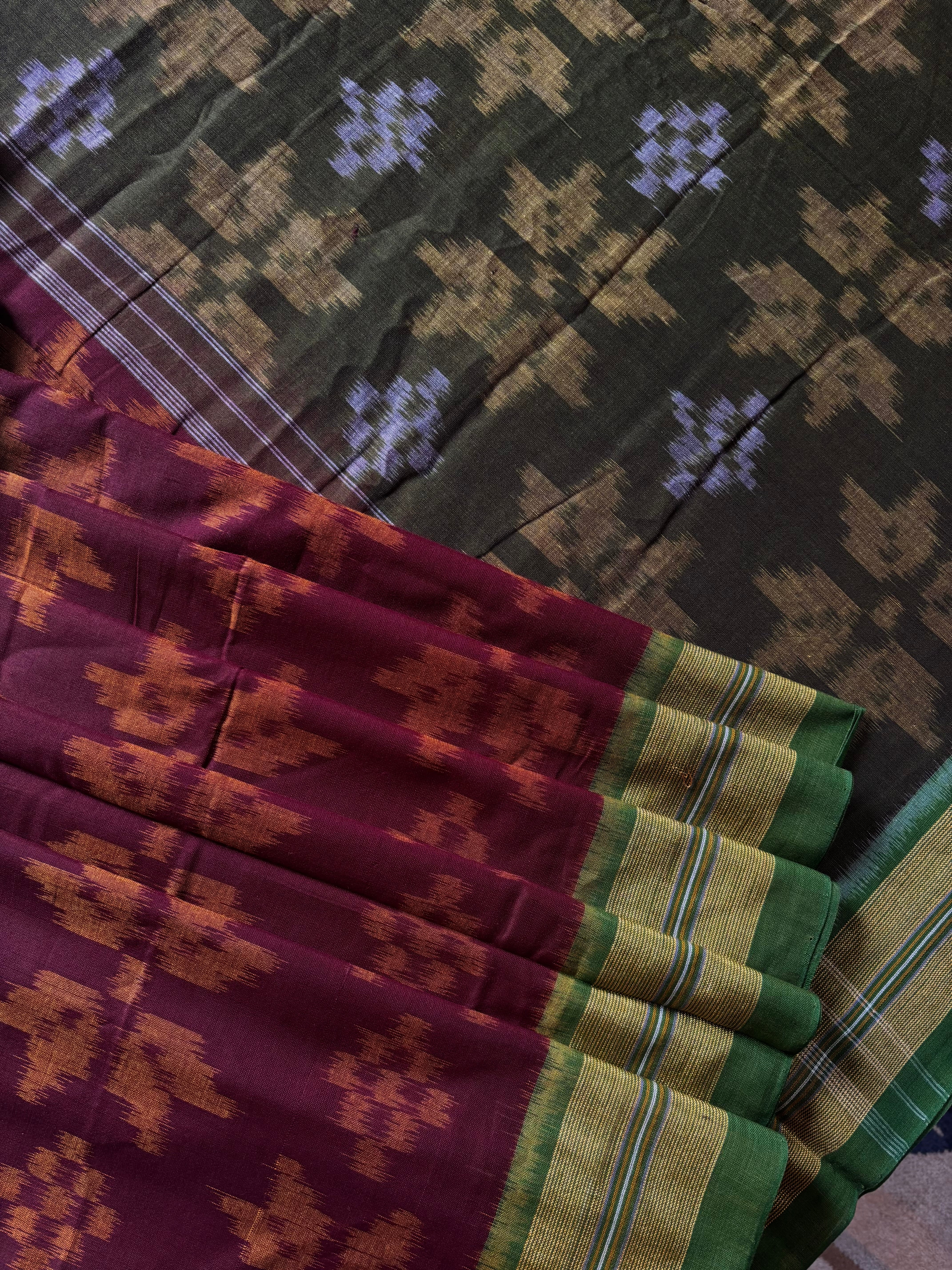 Handwoven Burgundy Green Odisha Ikkat Cotton Saree
