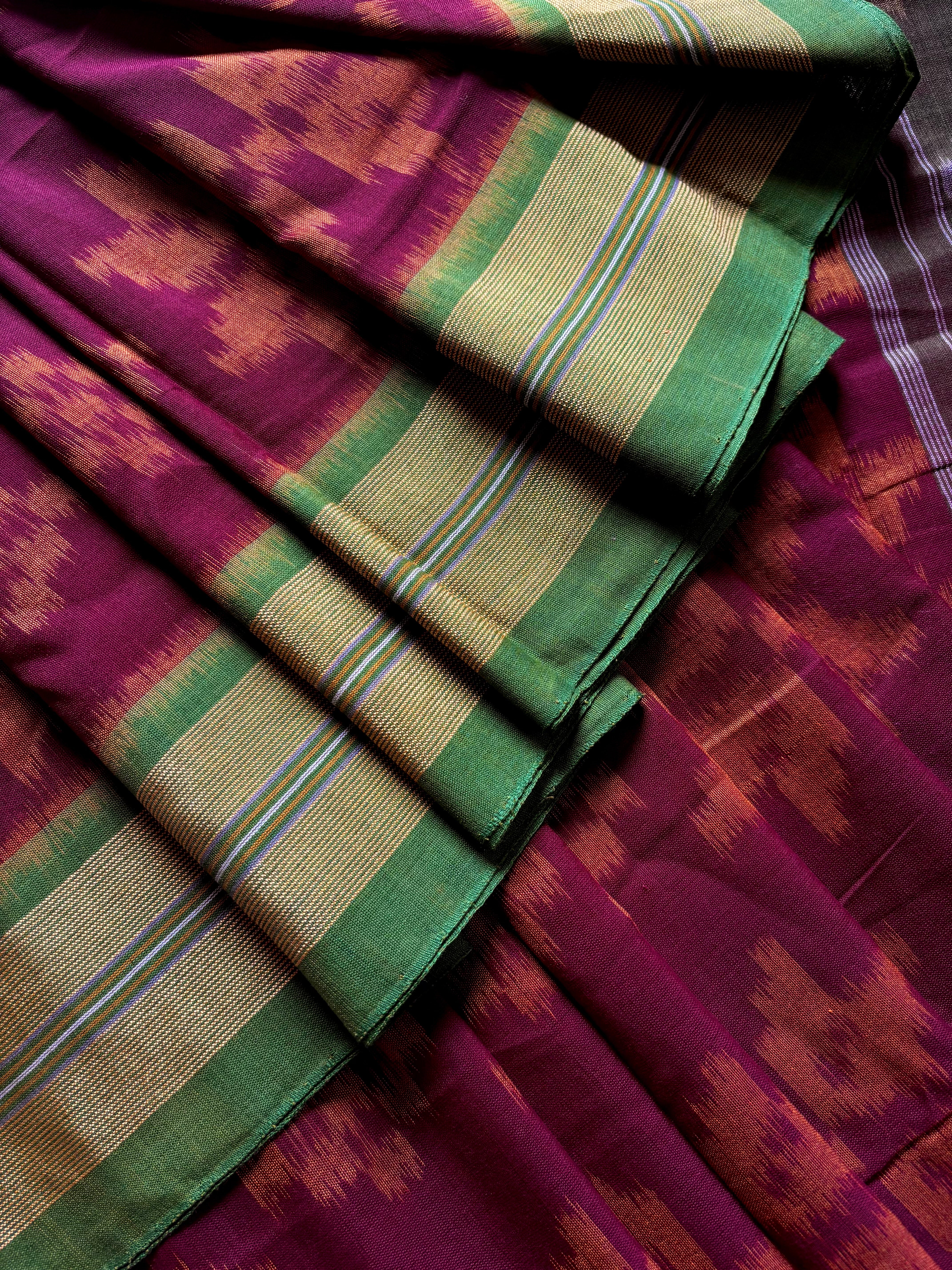 Handwoven Burgundy Green Odisha Ikkat Cotton Saree