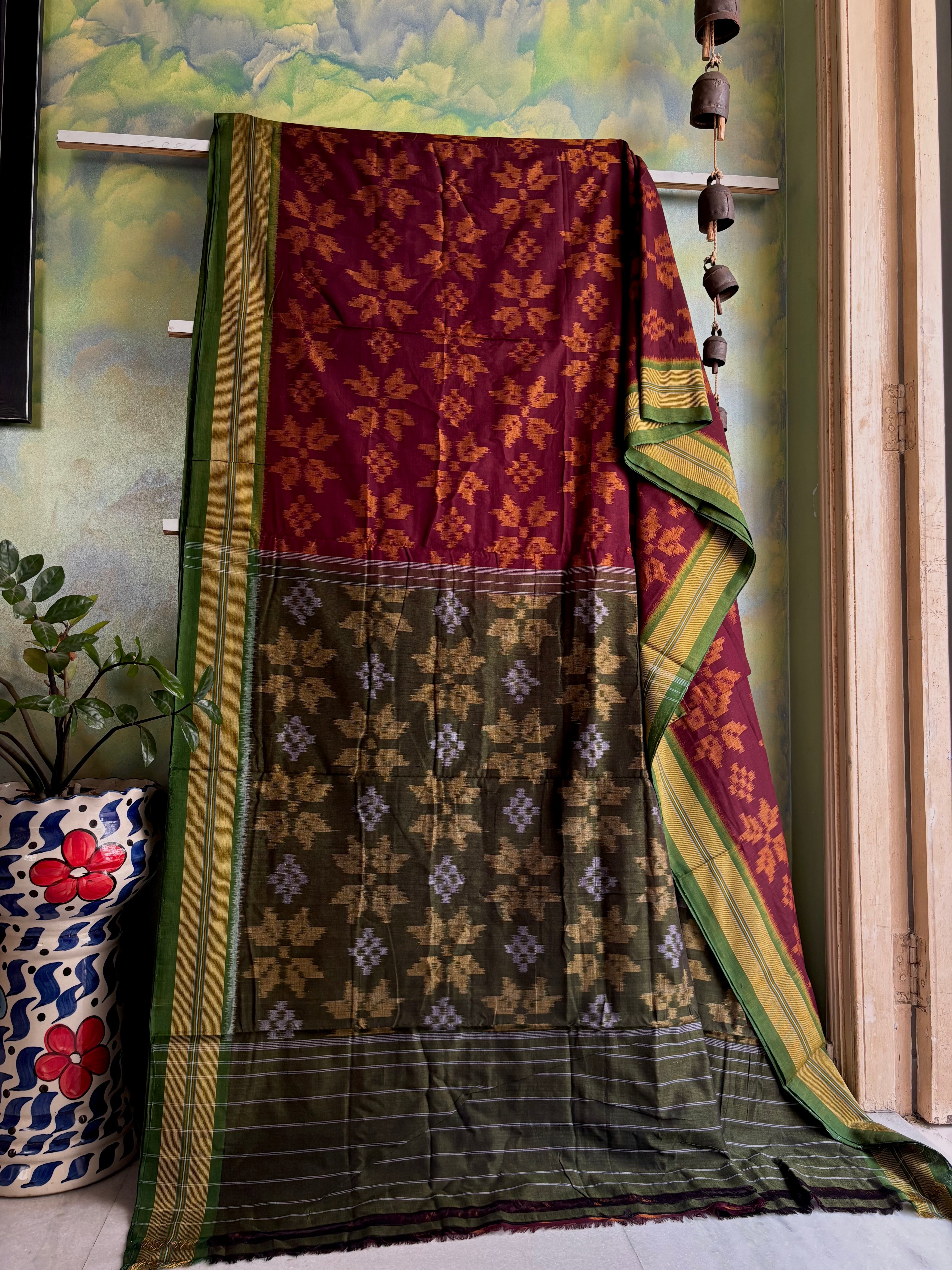Handwoven Burgundy Green Odisha Ikkat Cotton Saree