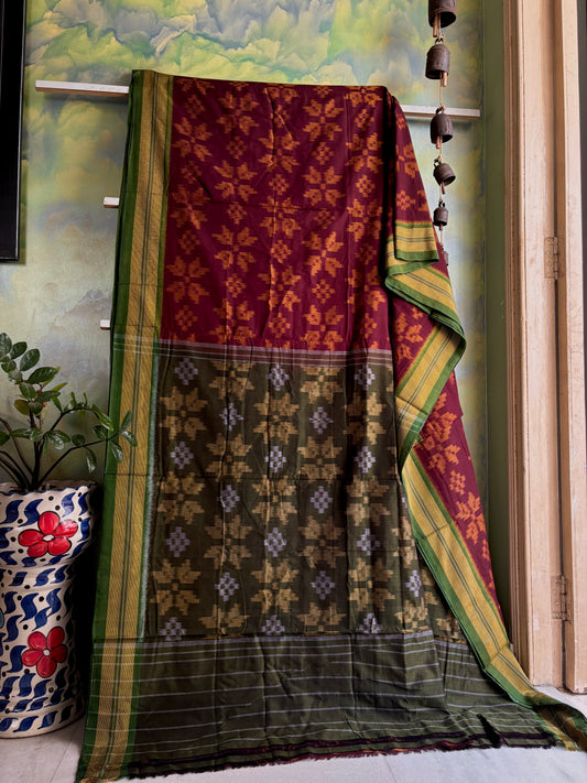 Handwoven Burgundy Green Odisha Ikkat Cotton Saree