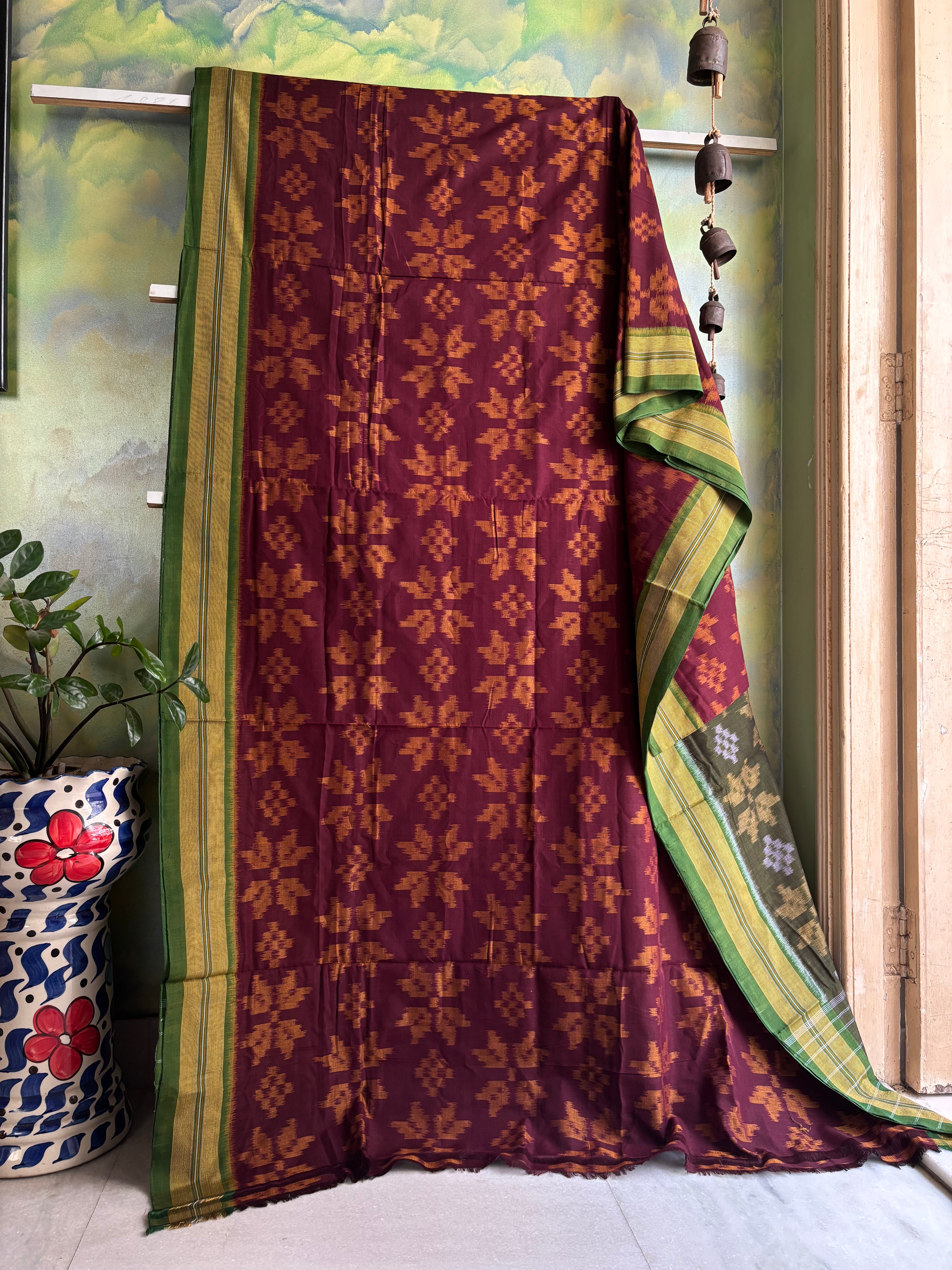 Handwoven Burgundy Green Odisha Ikkat Cotton Saree