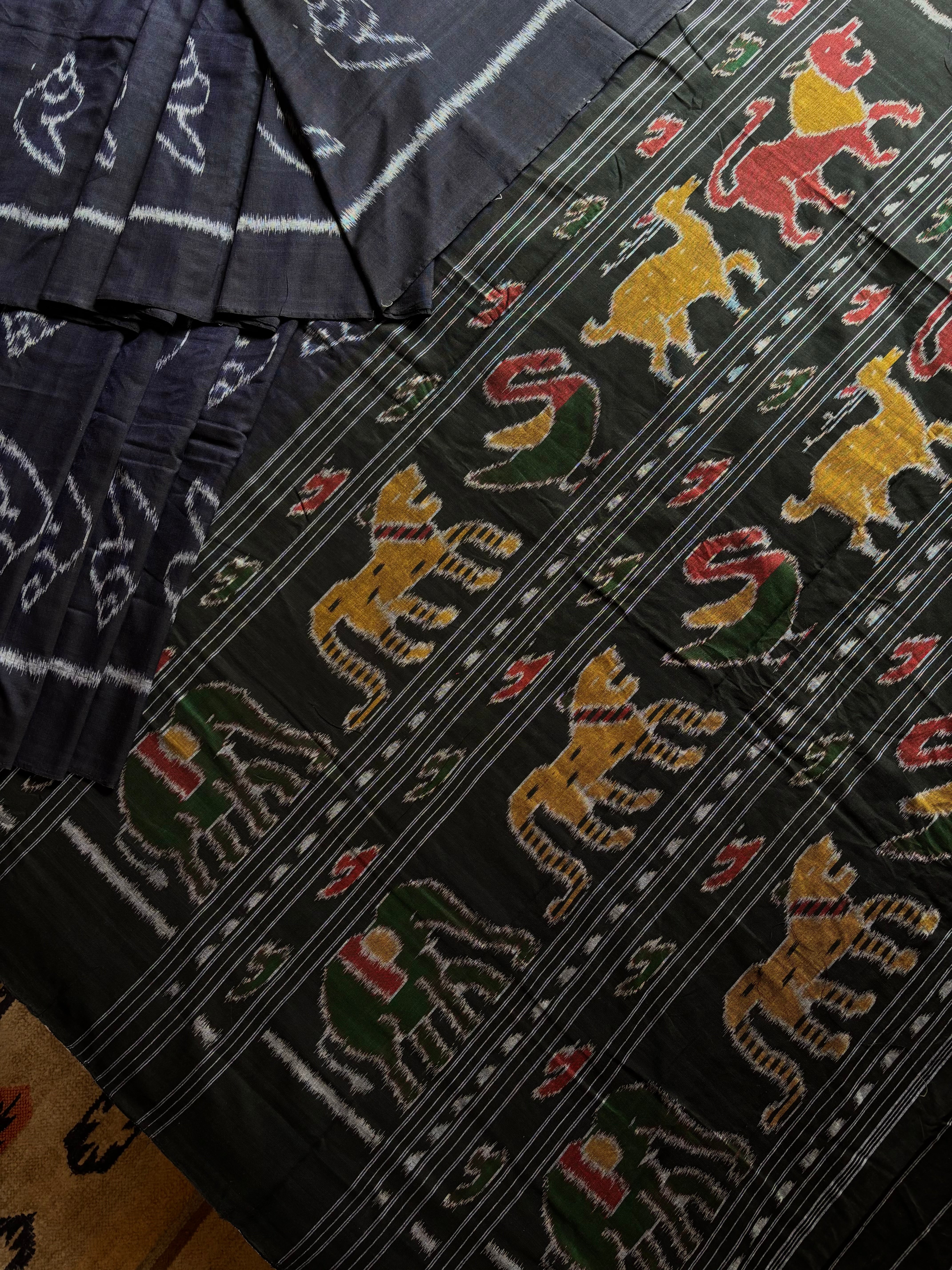 Handwoven Dark Midnight Blue Odisha Cotton Ikkat Saree