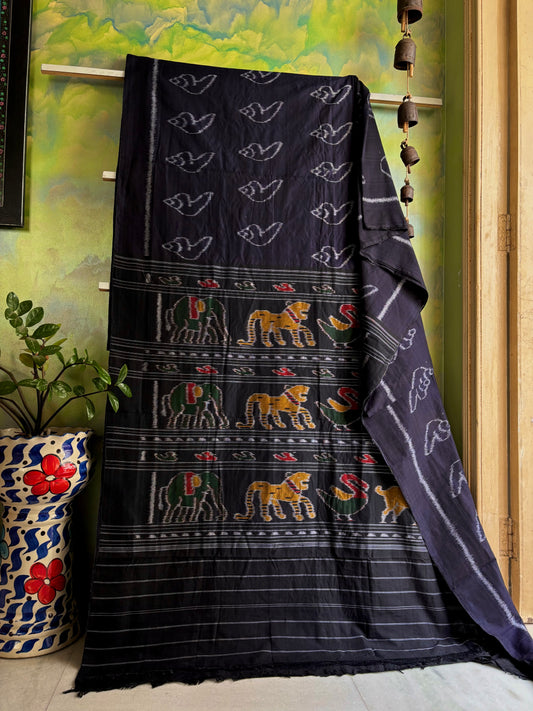 Handwoven Dark Midnight Blue Odisha Cotton Ikkat Saree