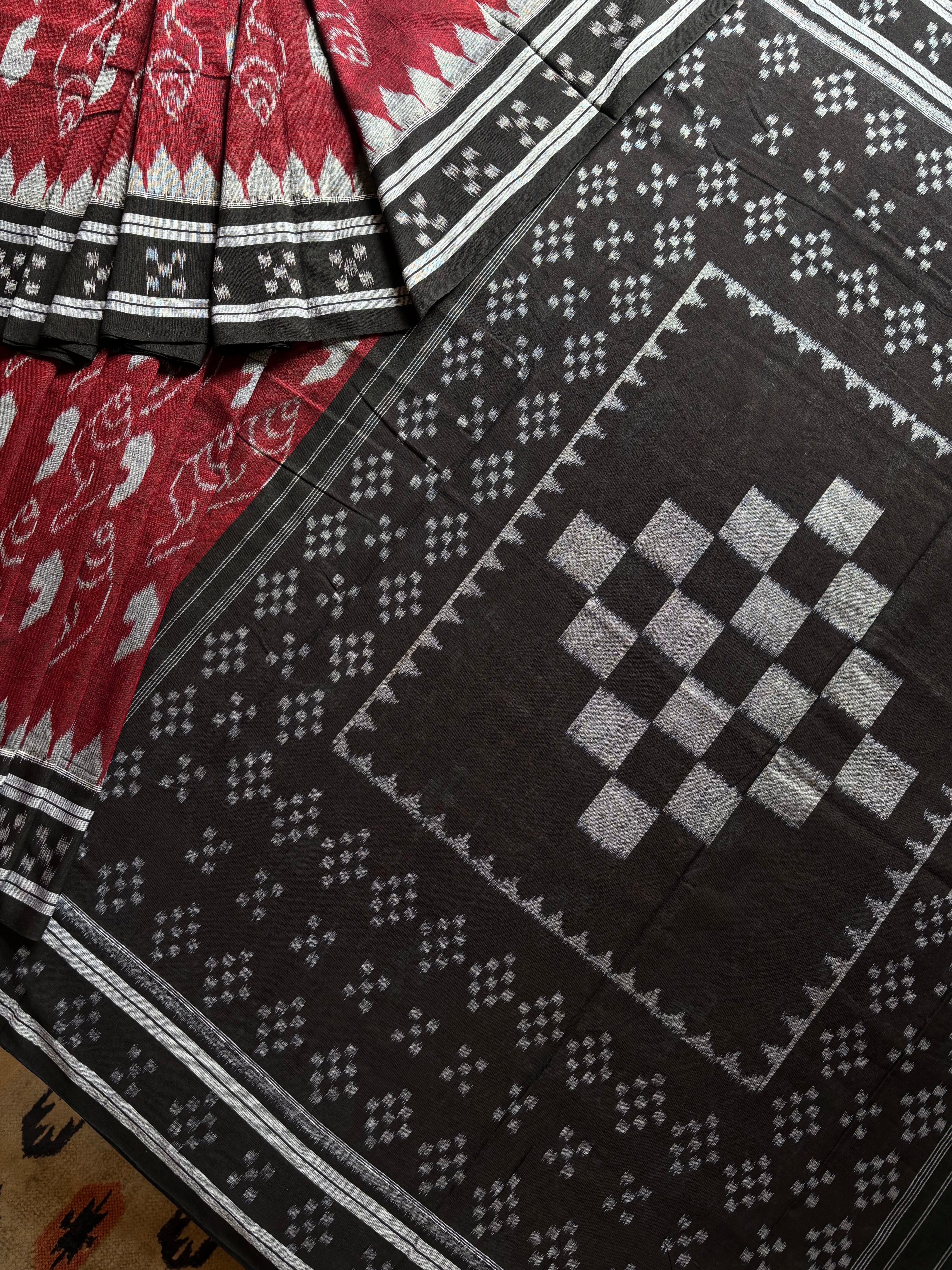 Handwoven Maroon Black Odisha Cotton Ikkat Saree