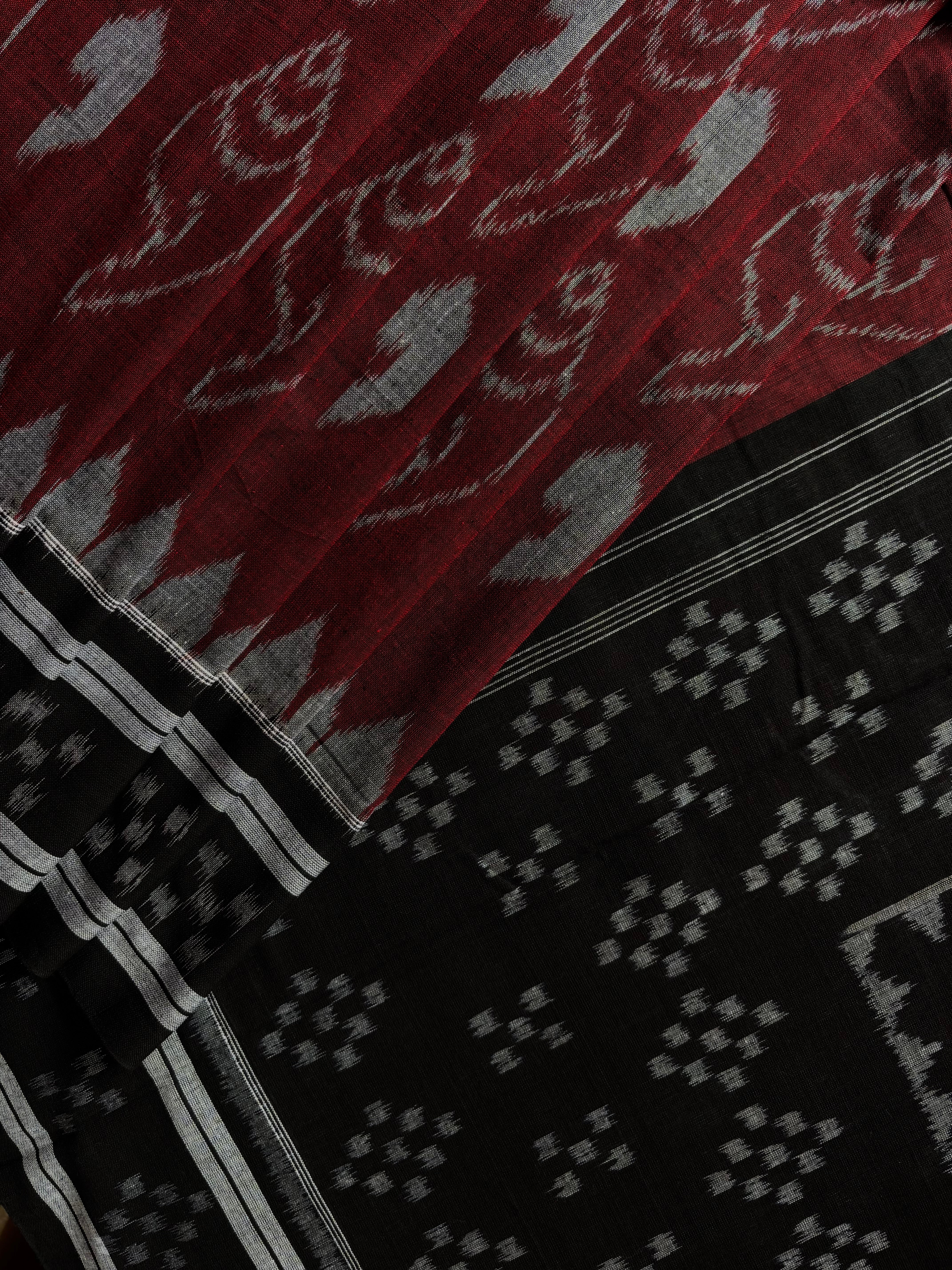 Handwoven Maroon Black Odisha Cotton Ikkat Saree