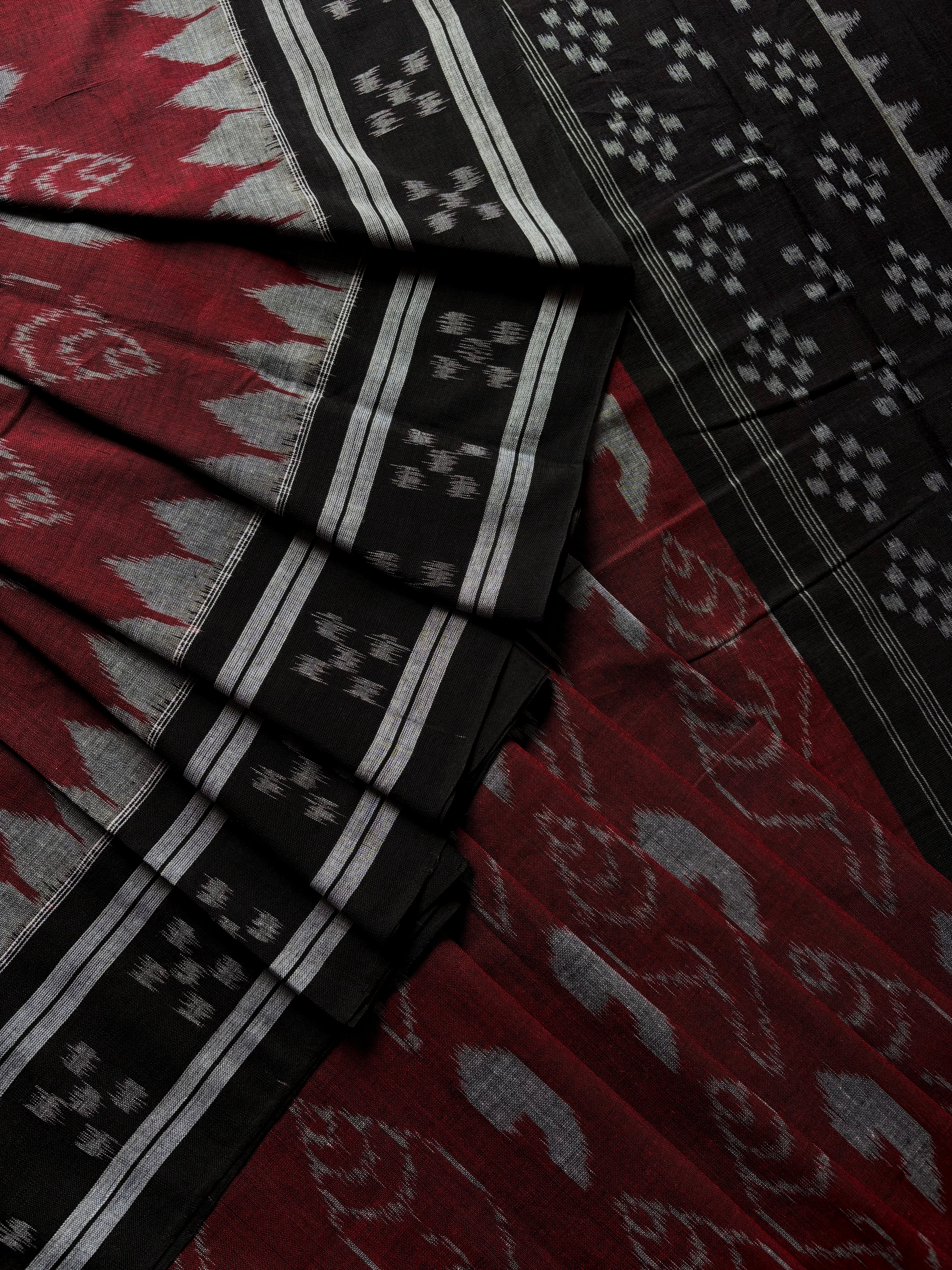 Handwoven Maroon Black Odisha Cotton Ikkat Saree