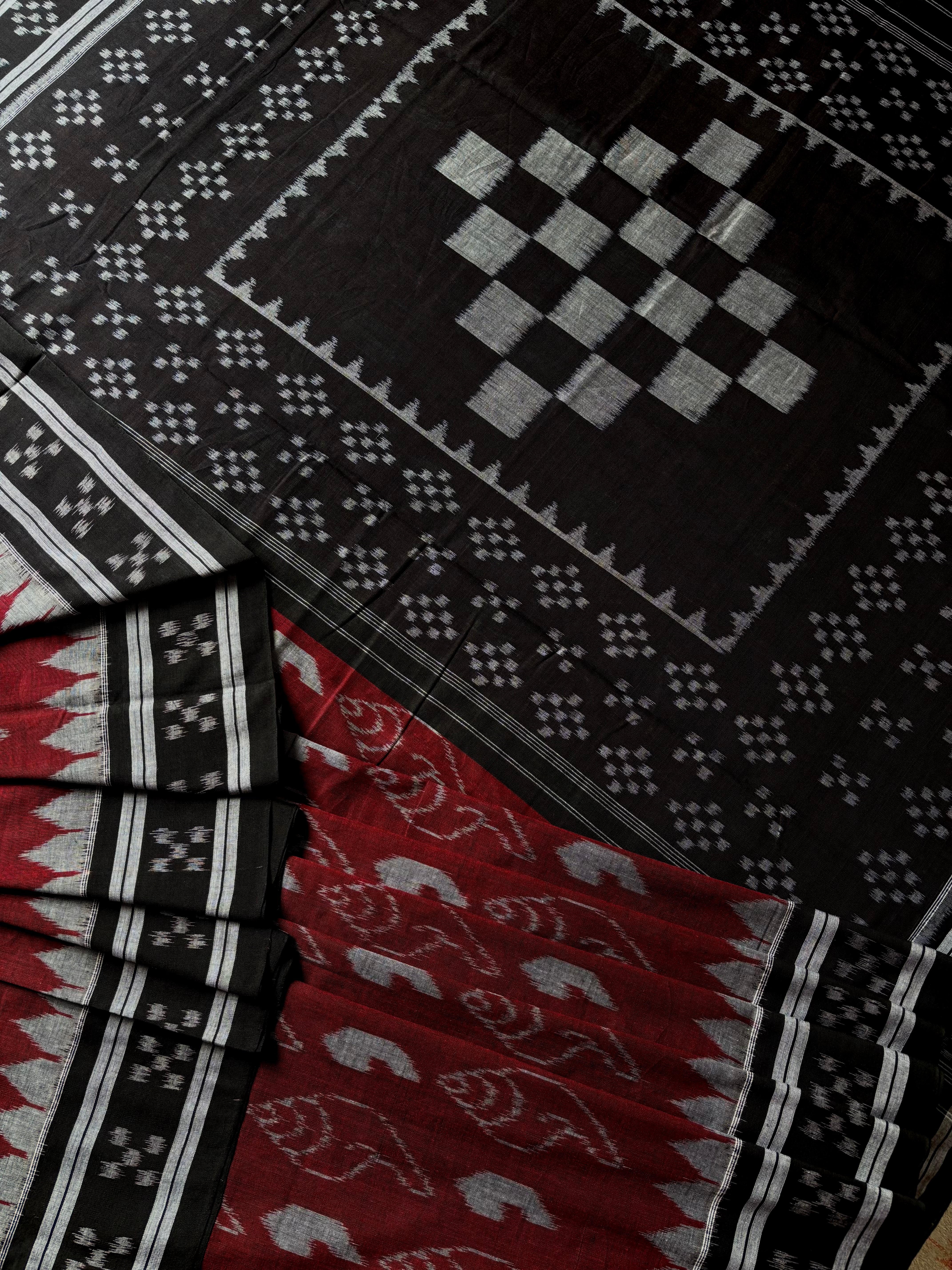 Handwoven Maroon Black Odisha Cotton Ikkat Saree